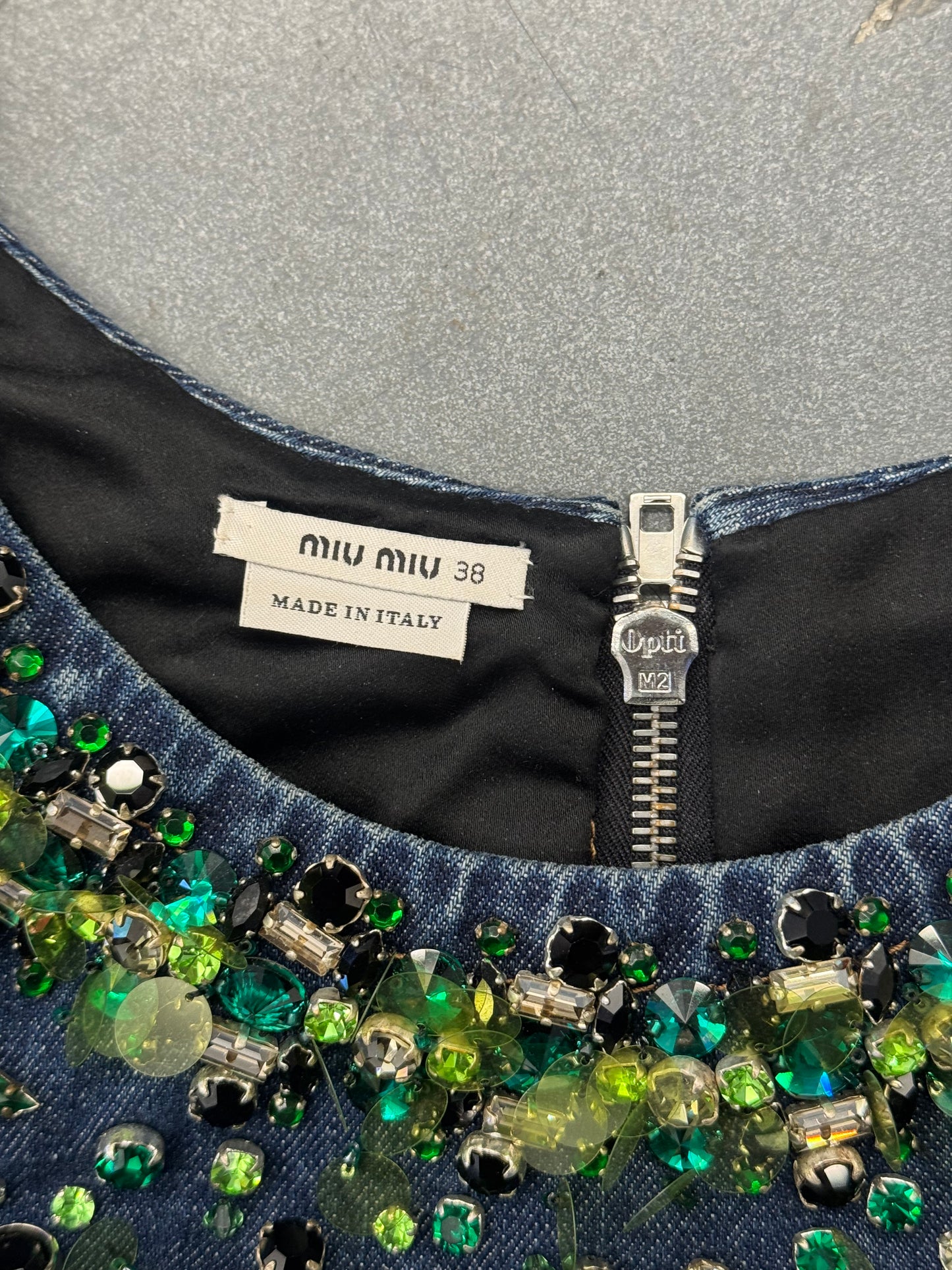 MIU MIU GREEN CRYSTAL DENIM ZIP DRESS