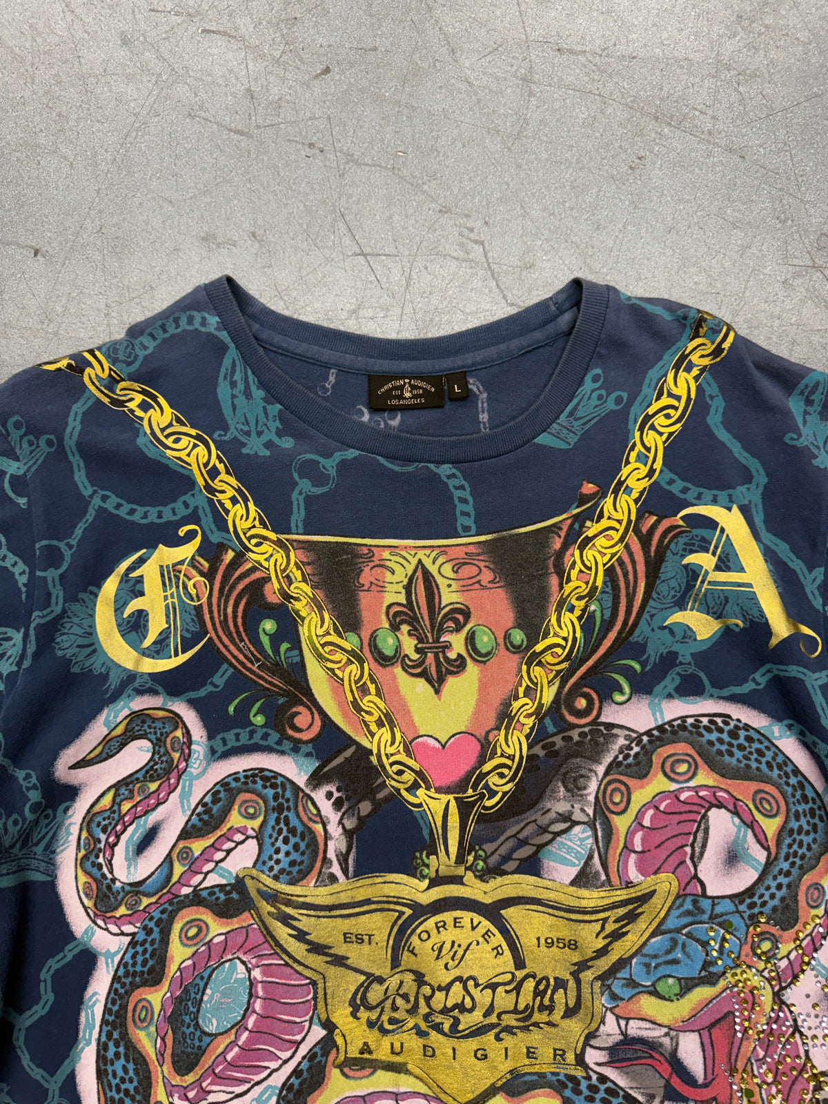 CHRISTIAN AUDIGIER FOREVER GOLD CHAIN NAVY TEE