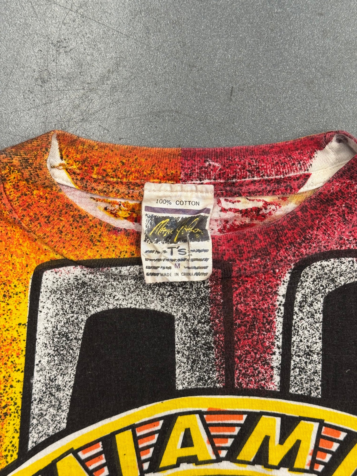 90S MAGIC JOHNSON T'S MIAMI HEAT EMBLEM PAINTED AOP TEE
