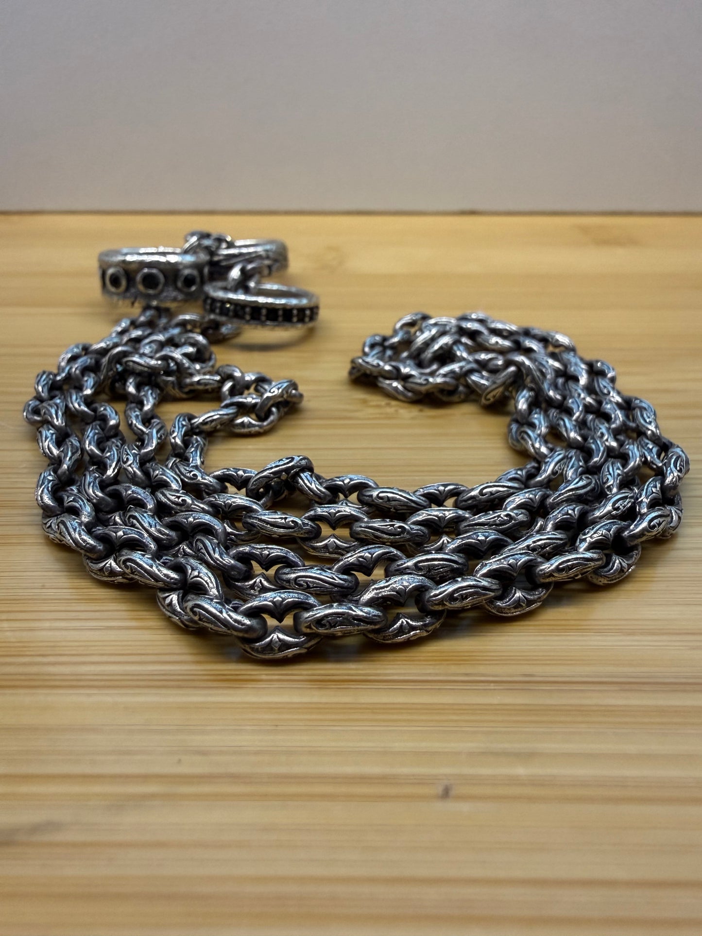 FANCY MARINER LINK SILVER NECKLACE WITH BLACK DIAMOND RINGS - 30"