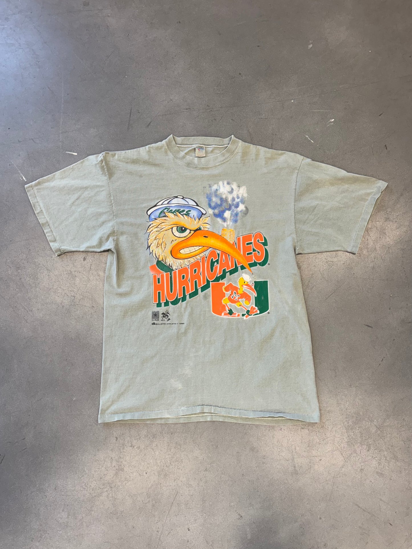 1993 MIAMI HURRICANES SMOKING SEBASTIAN TEE (BULLETIN ATHLETIC TAG)