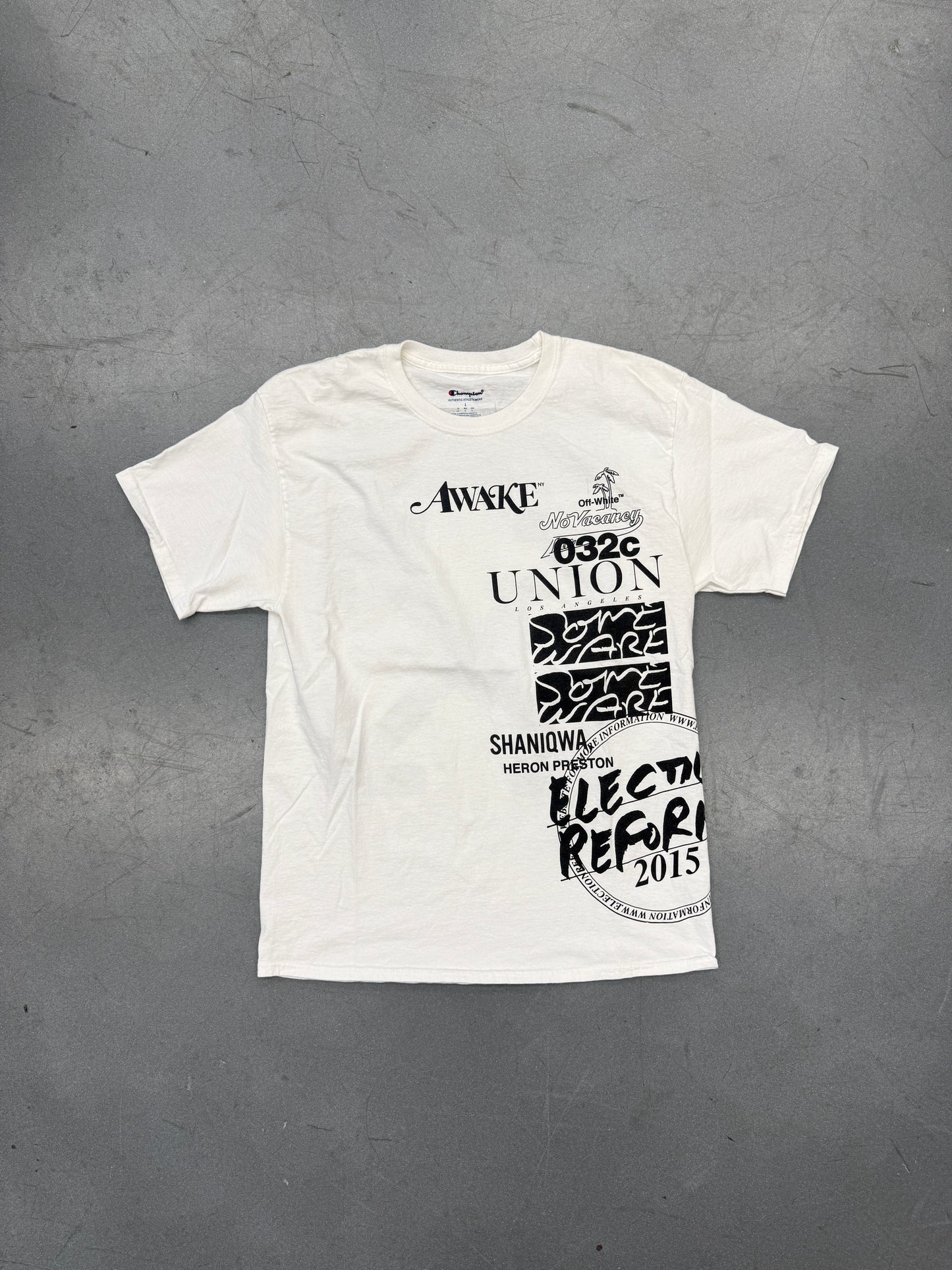 2015 AWAKE NY X HERON PRESTON X OFF-WHITE ART BASEL MIAMI TEE SIGNED BY VIRGIL (CHAMPION PRINT TAG)