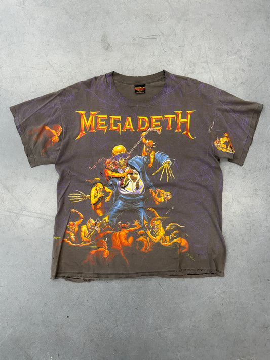 1991 MEGADEATH SUIT SKELETON THRASHED AOP PINNED TEE (BROCKUM TAG)