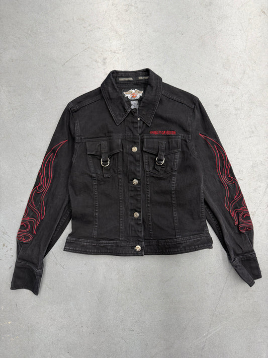 2004 HARLEY-DAVIDSON BUTTON-UP DENIM FLAME SLEEVES WOMENS BIKER JACKET