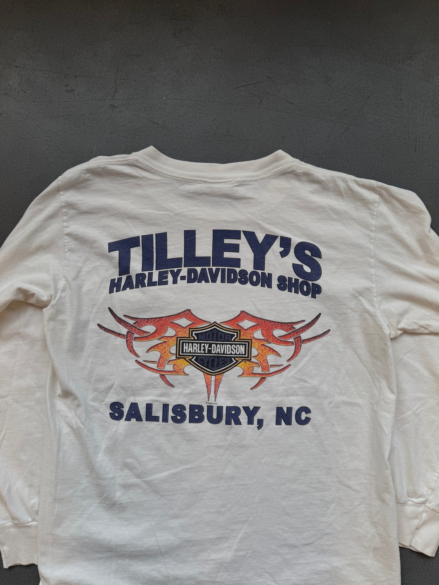 2004 HARLEY DAVIDSON "TILLEY'S HARLEY-DAVIDSON SHOP SALISBURY, NC" FLAME LS MULLET TEE (HARLEY DAVIDSON TAG)