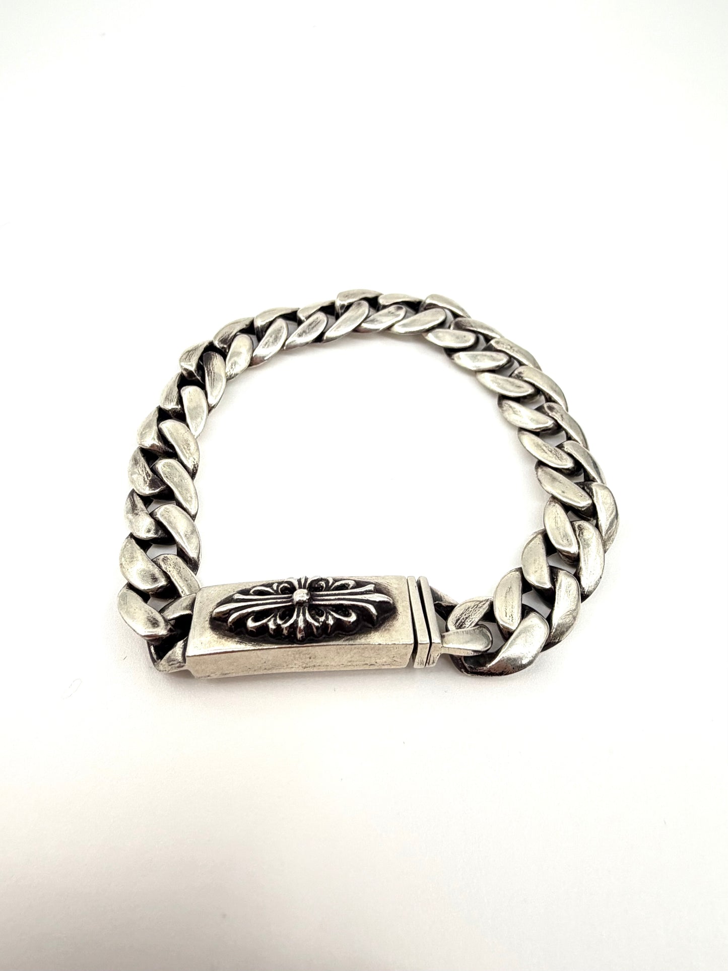 CHROME HEARTS BABY ID FLORAL CROSS CUBAN SILVER BRACELET