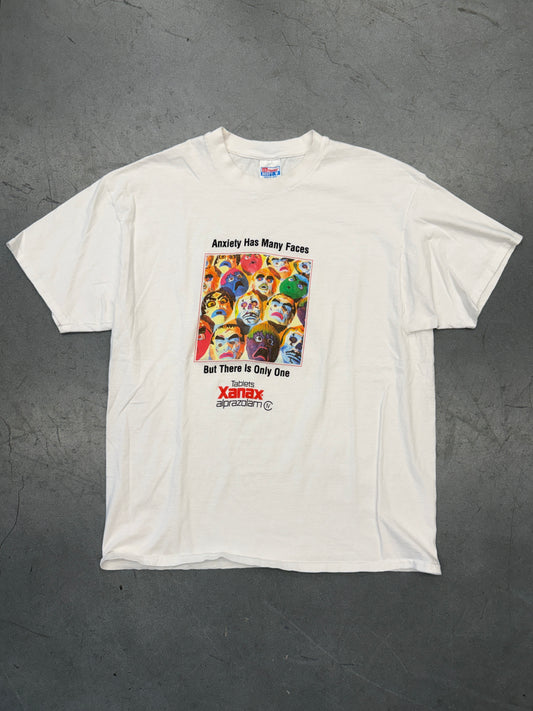 90'S XANAX ALPRAZOLAM "ANXIETY HAS MANY FACES BUT THERE IS ONLY ONE" TEE (HANES BEEFY-T TAG)