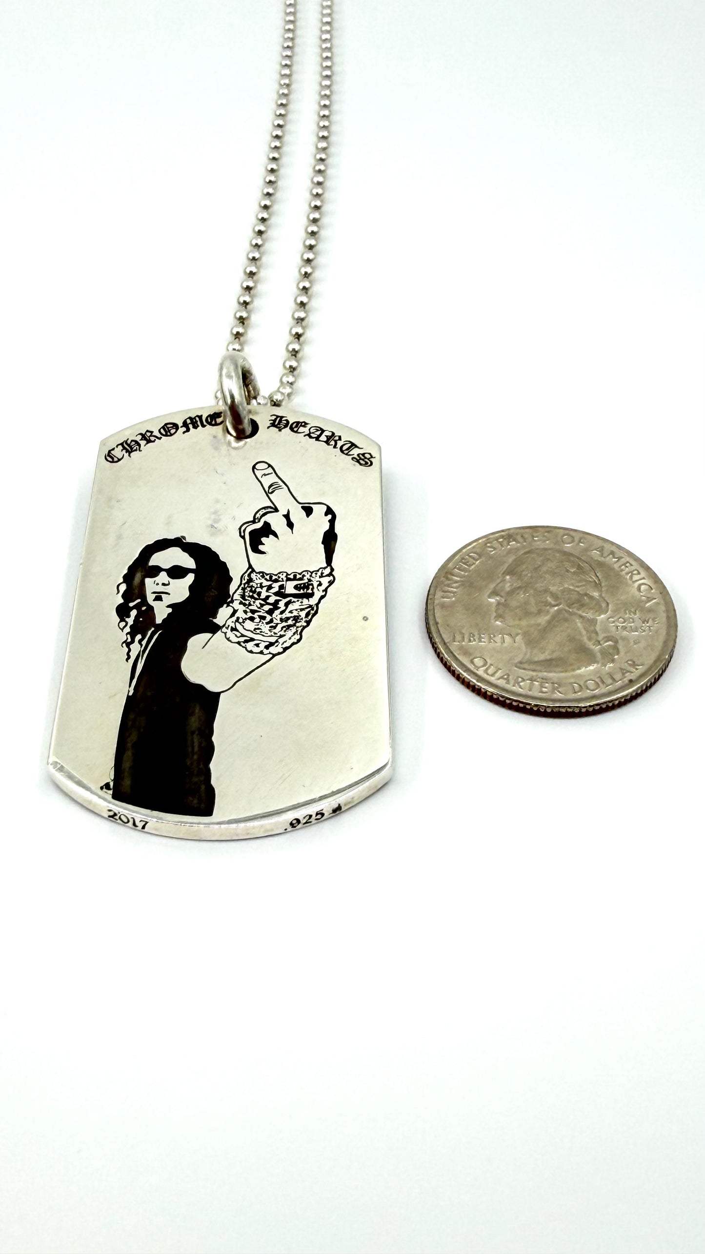 CHROME HEARTS RS FU VERTICAL AMERICAN FLAG SILVER DOG TAG WITH 30 INCH SILVER BALL CHAIN (NEW)
