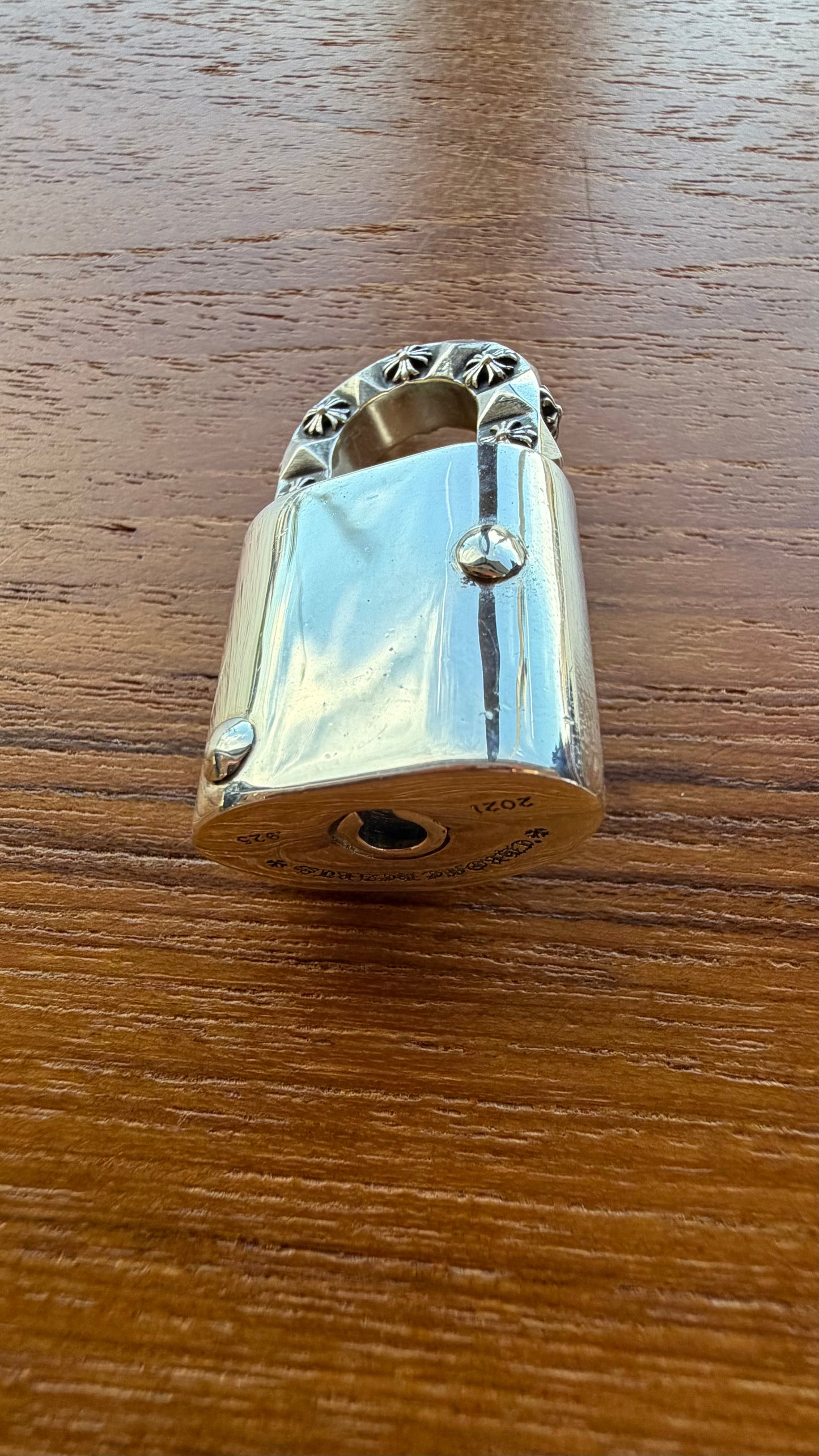 CHROME HEARTS LOVE'S NOT DEAD SILVER FLEUR LOCK PENDANT AND SPIKE KEY