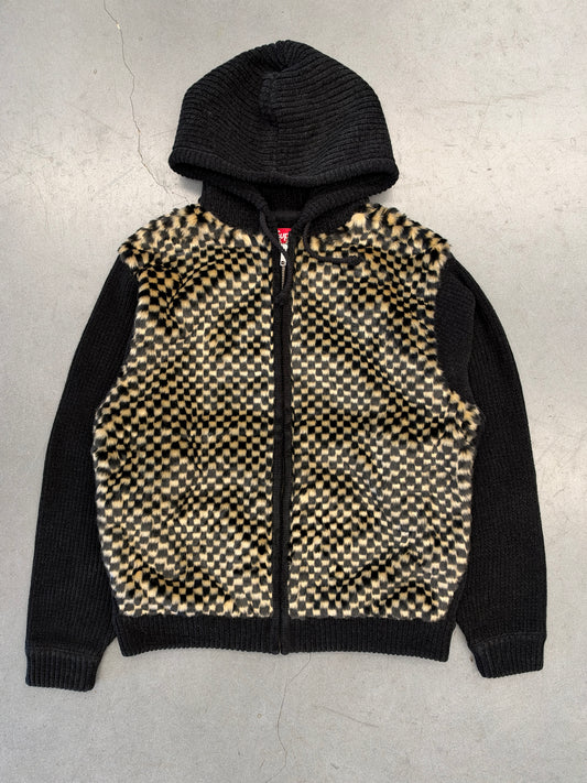 SS26 SUPREME CHECKERBOARD FAUX FUR ZIP UP HOODED SWEATER