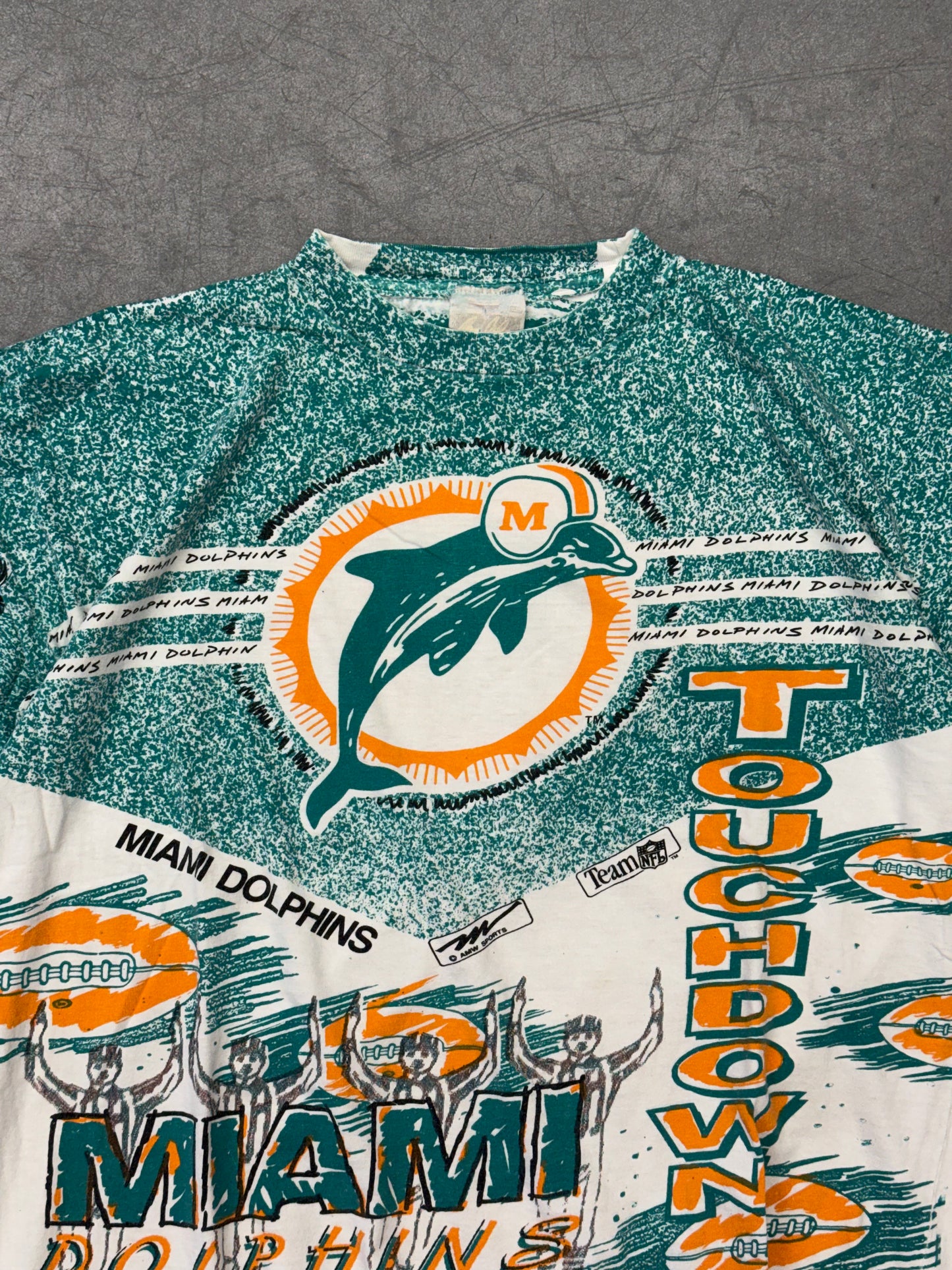 90S MIAMI DOLPHINS AMW SPORTS TEAM NFL AOP TEE (MAGIC JOHNSON'S RITZ TAG)