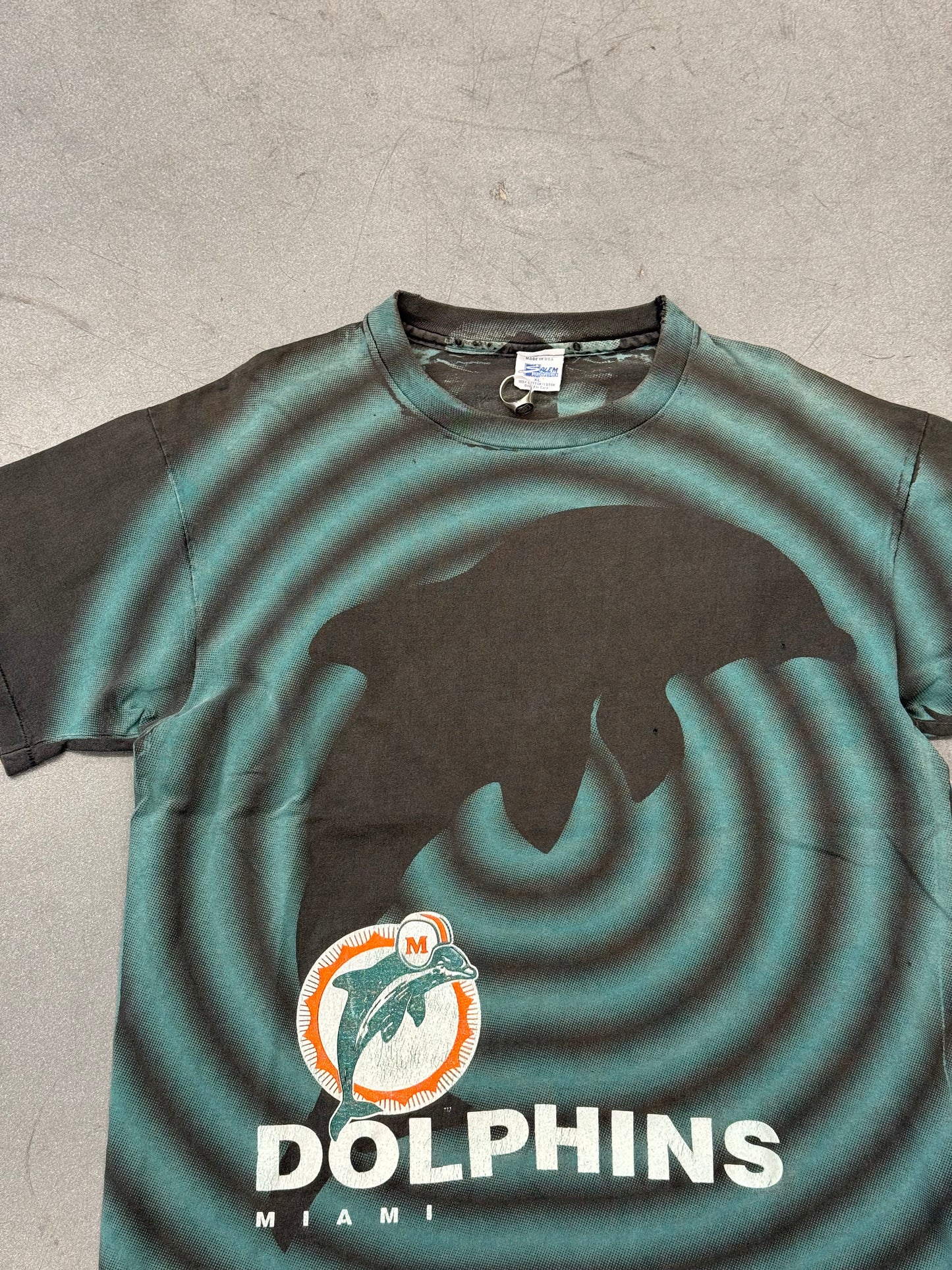 90S MIAMI DOLPHINS SHADOW SPIRAL AOP TEE (SALEM SPORTSWEAR TAG)