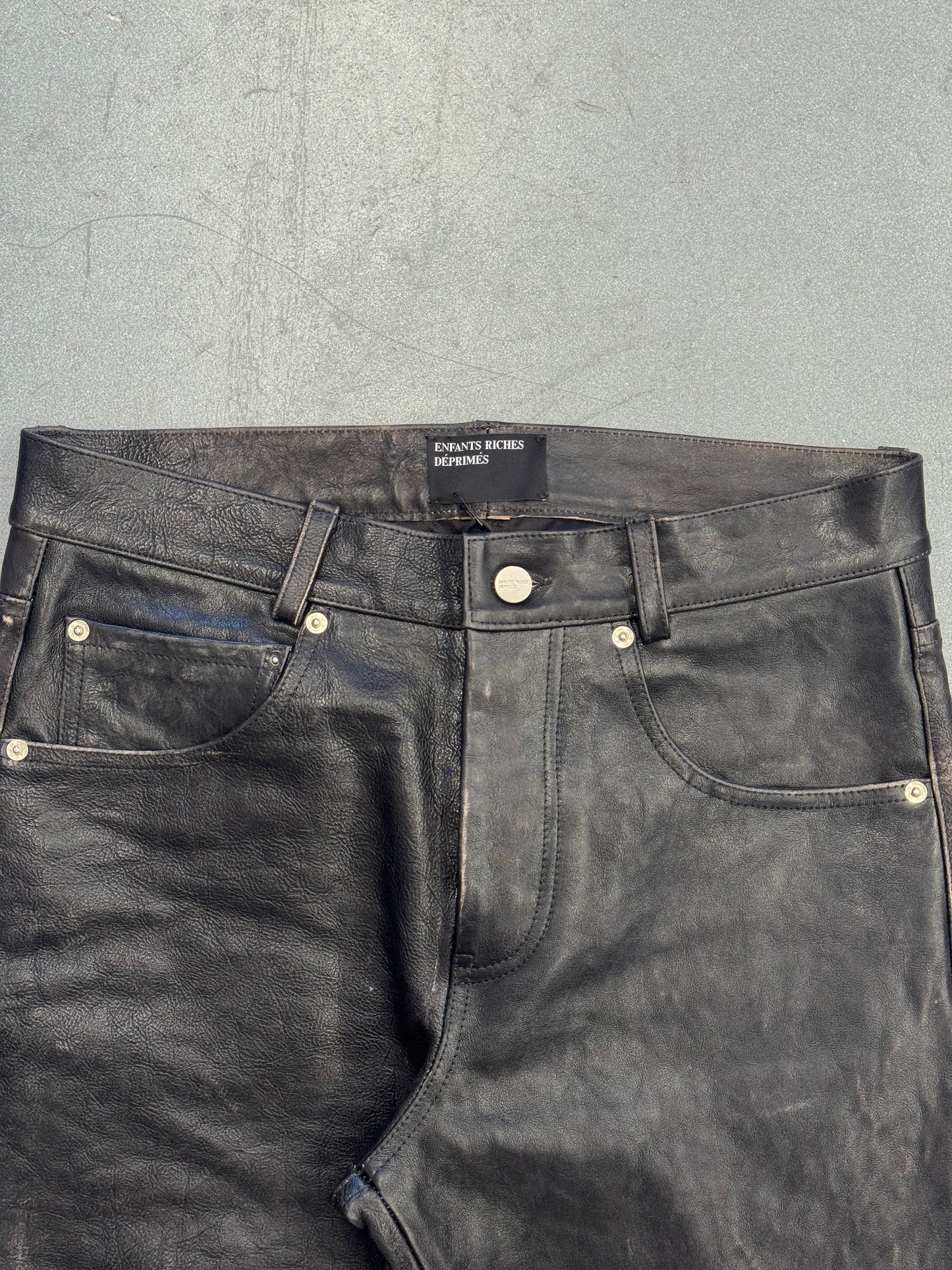 ENFANTS RICHES DEPRIMES ERD CRUST REPAIRED LEATHER FLARE JEANS - NWT