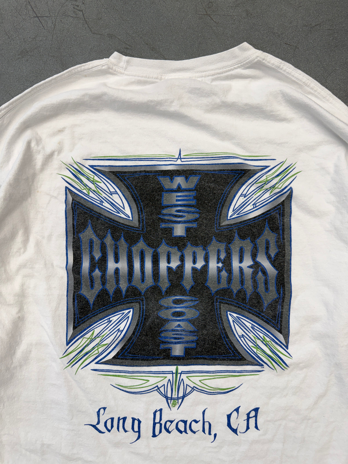 Y2K WEST COAST CHOPPERS BLUE/GREEN OUTLINE IRON CROSS LS MULLET TEE (JESSE WHO? TAGP