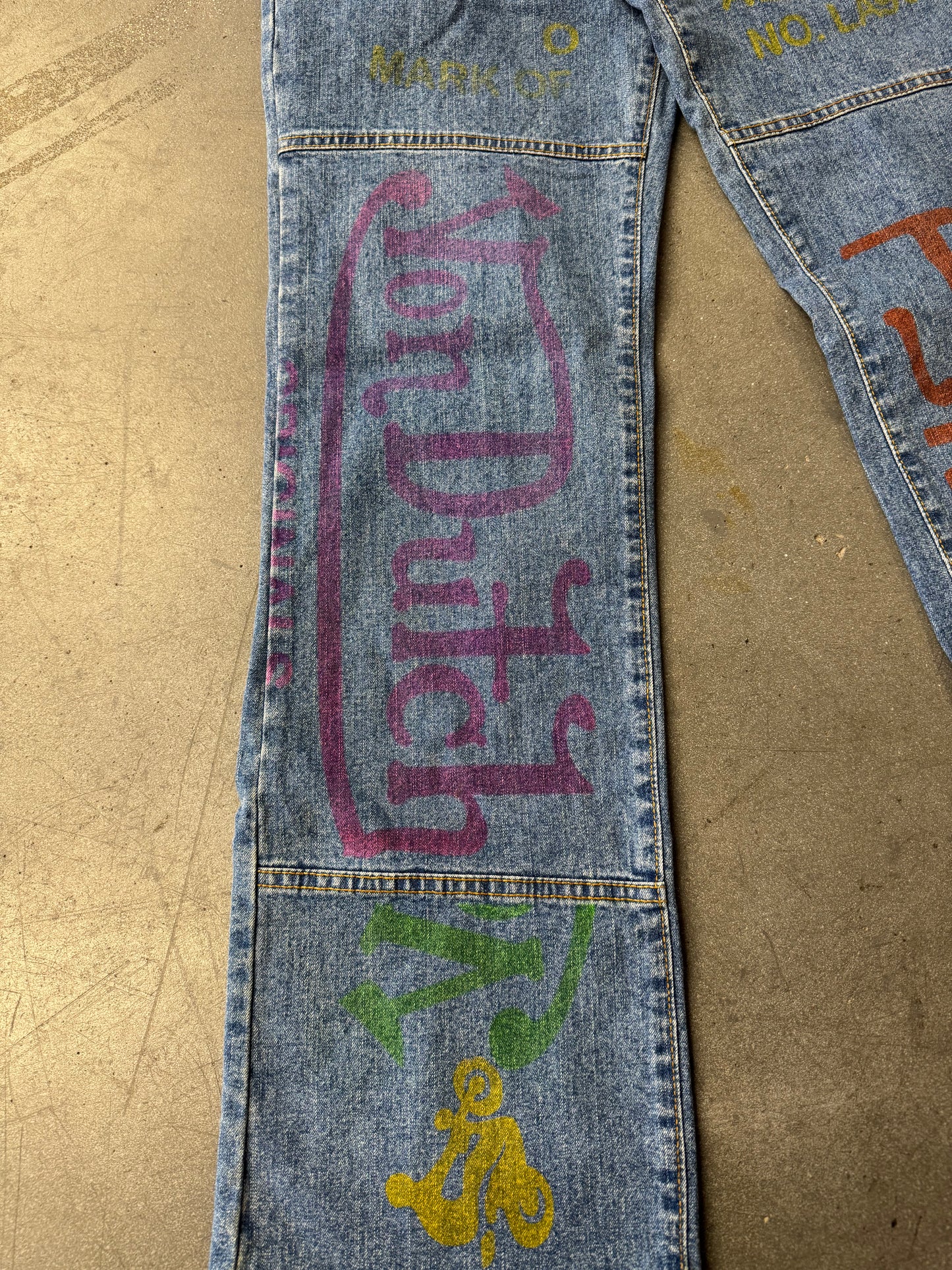 Y2K VON DUTCH ORIGINALS PAINTED GRAFFITI BLUE WIDE LEG JEANS