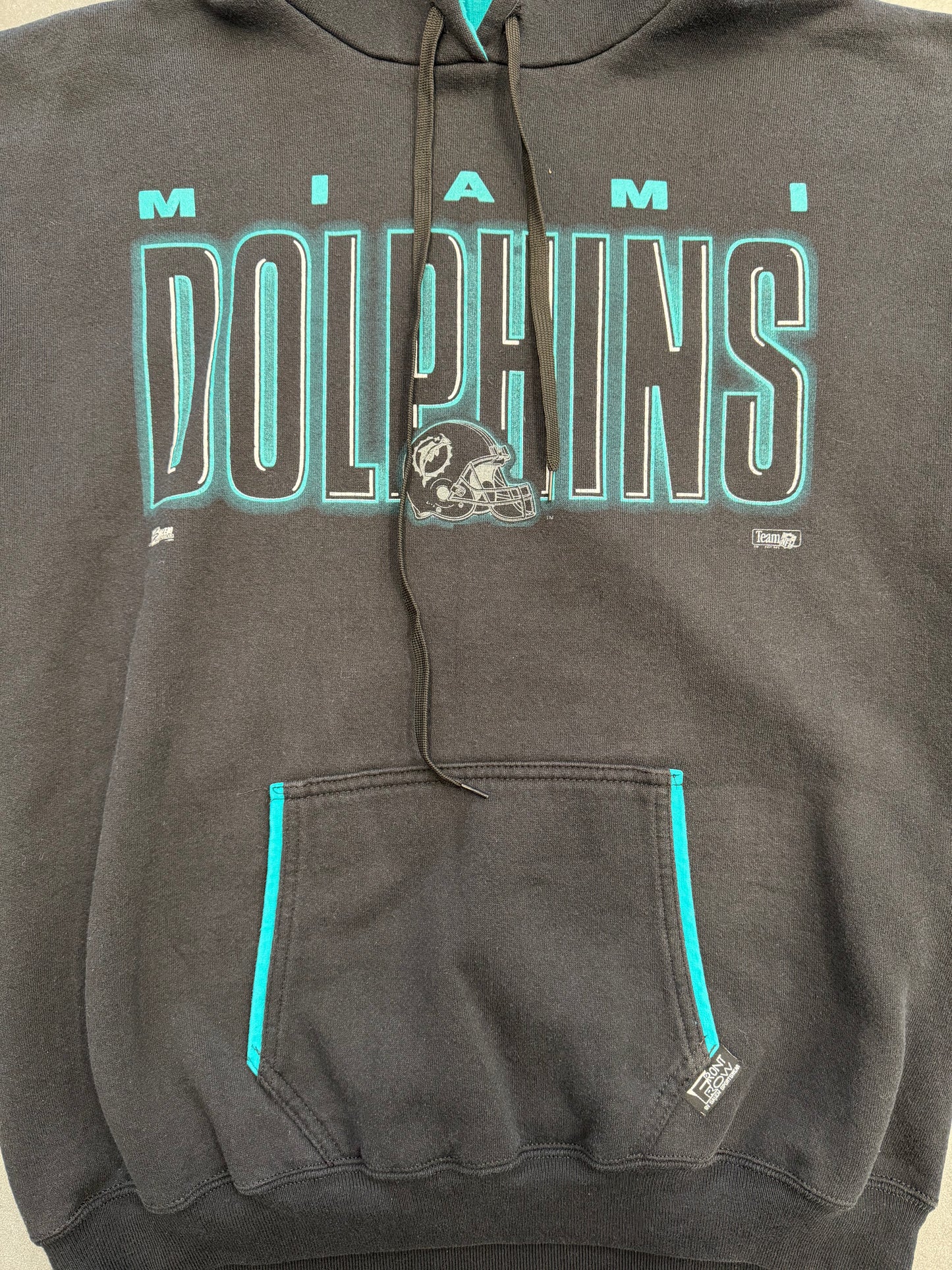1991 SALEM MIAMI DOLPHINS HELMET SPELLOUT HOODIE (FRONT ROW TAG)