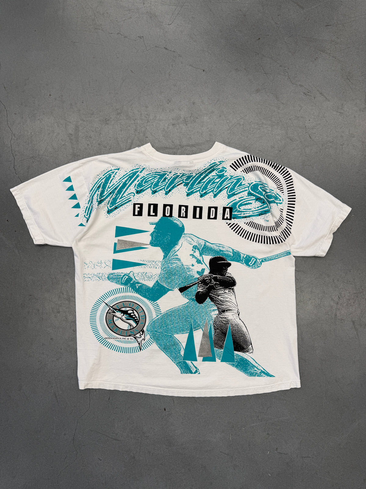 1993 FLORIDA MARLINS AOP BASEBALL TEE MODAMANIA INC (I.R.O.N. KNIGHT TAG)