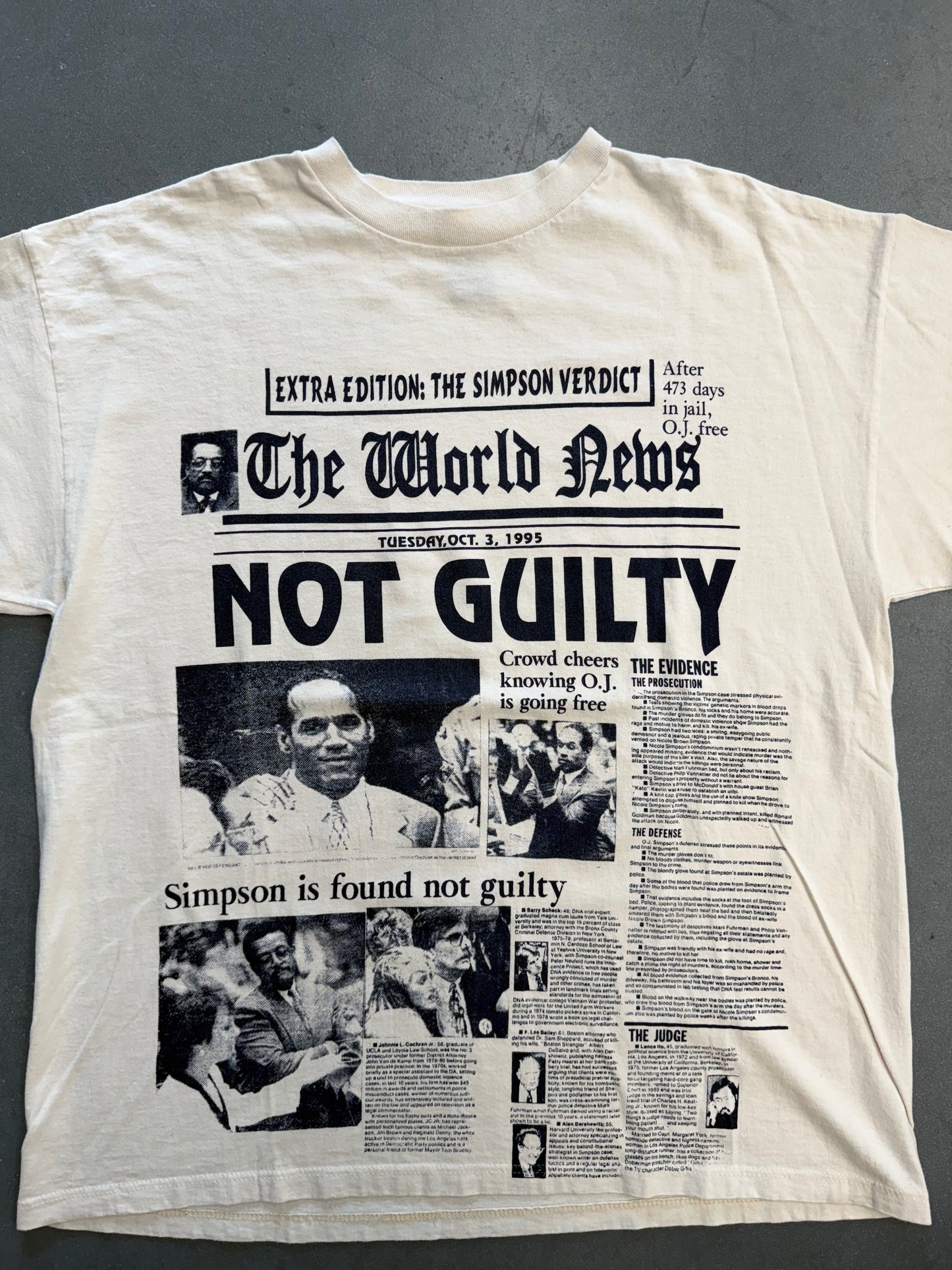 1995 O.J. SIMPSON "NOT GUILTY" NEWSPAPER PRINT TEE (CUT TAG)