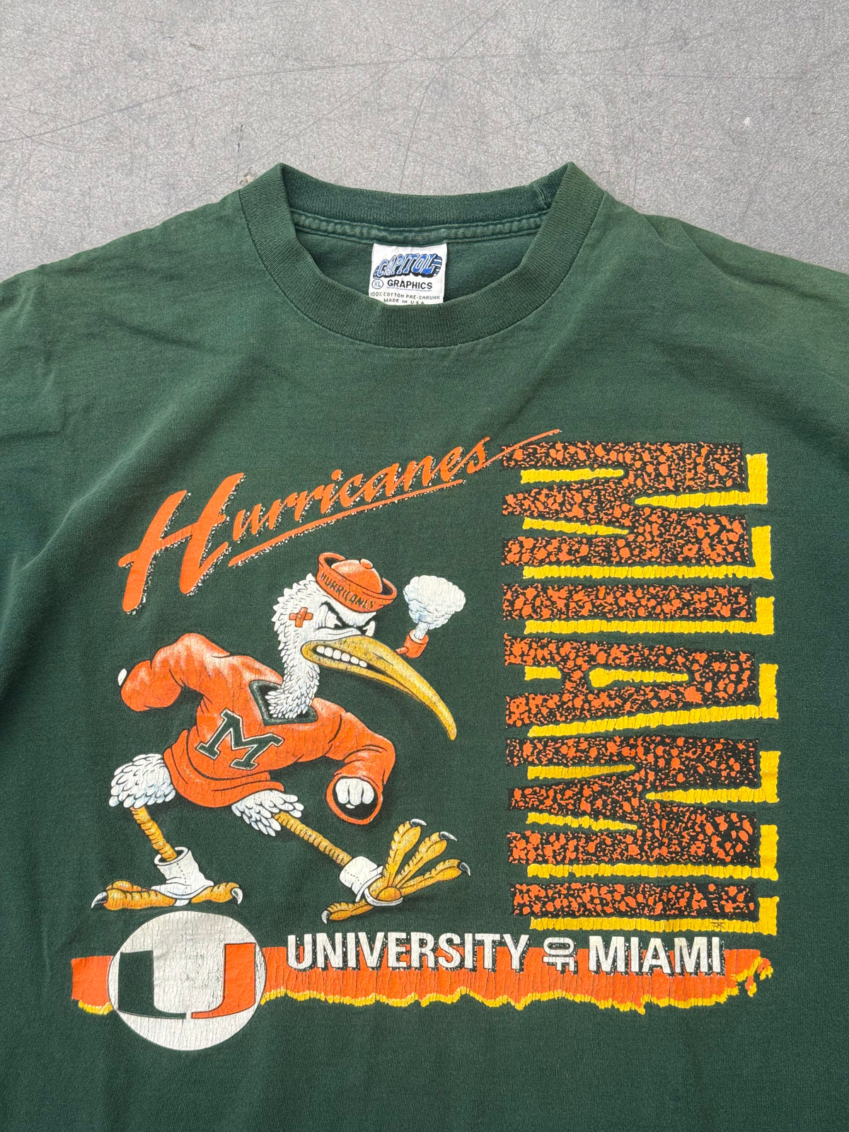 90'S MIAMI HURRICANES UNIVERSITY OF MIAMI SEBASTIAN TEE (CAPITOL GRAPHICS TAG)