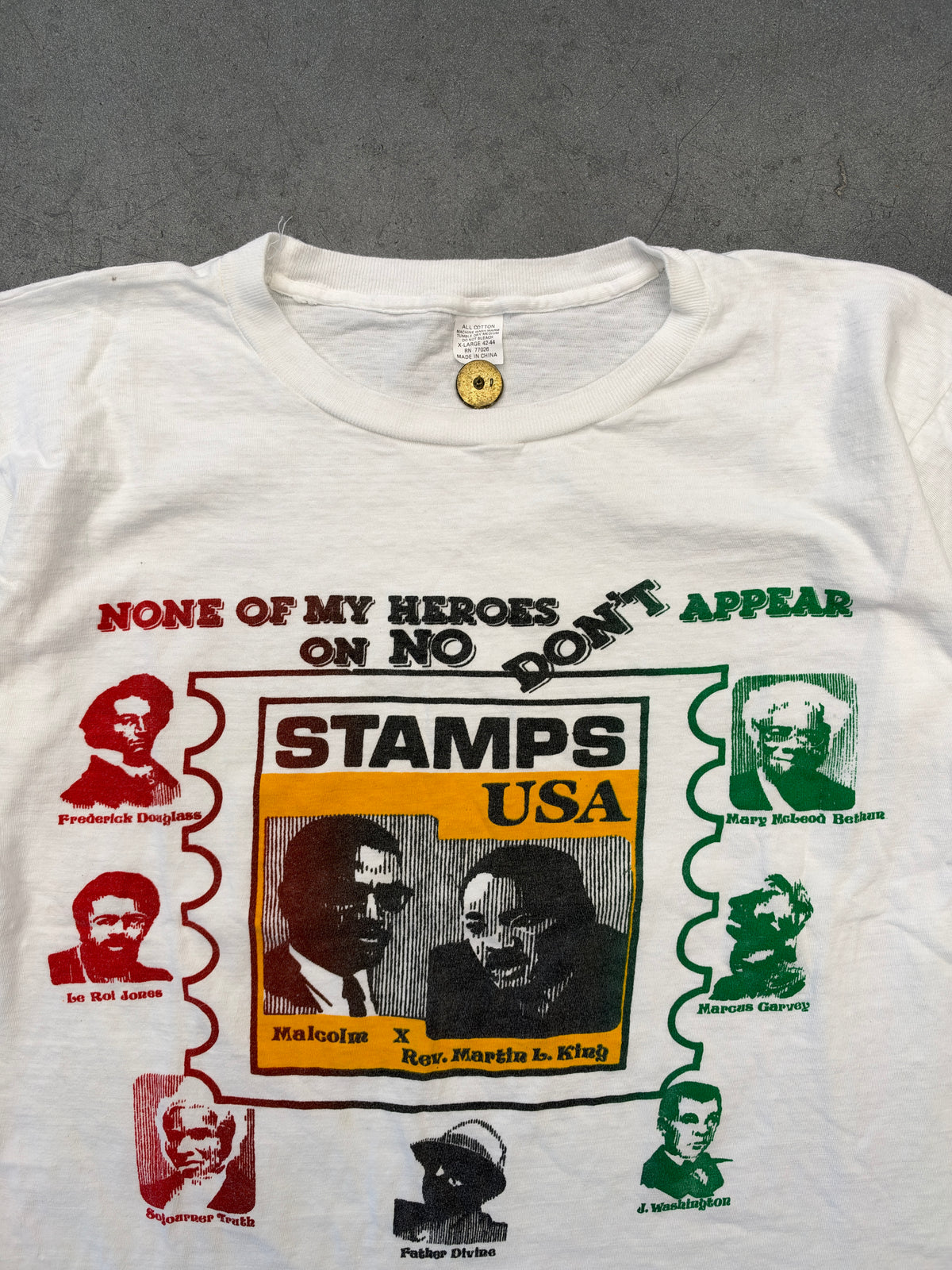 90S NONE OF MY HEROES DON'T APPEAR ON NO STAMPS USA BLACK HISTORY TEE (ALL COTTON TAG)