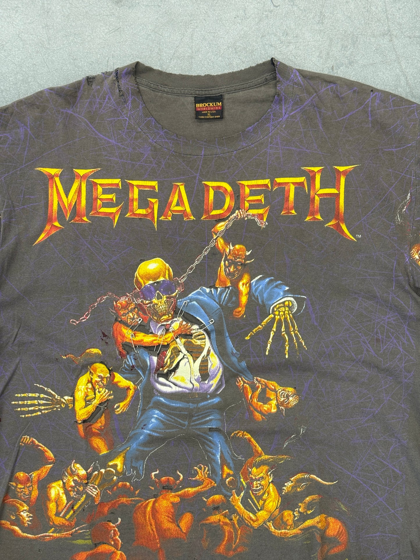 1991 MEGADETH SUIT SKELETON THRASHED AOP PINNED TEE (BROCKUM TAG)