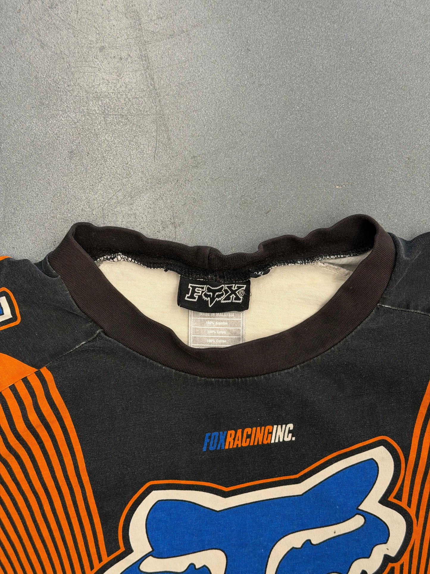 90'S FOX RACING LS MOTOCROSS RACING SHIRT- BLACK/ORANGE/BLUE