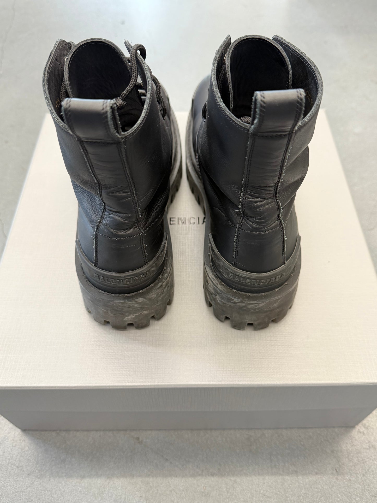 SIZE 39.5 BALENCIAGA RUBBER EFFECT LEATHER STRIKE BOOT (WITH BOX)
