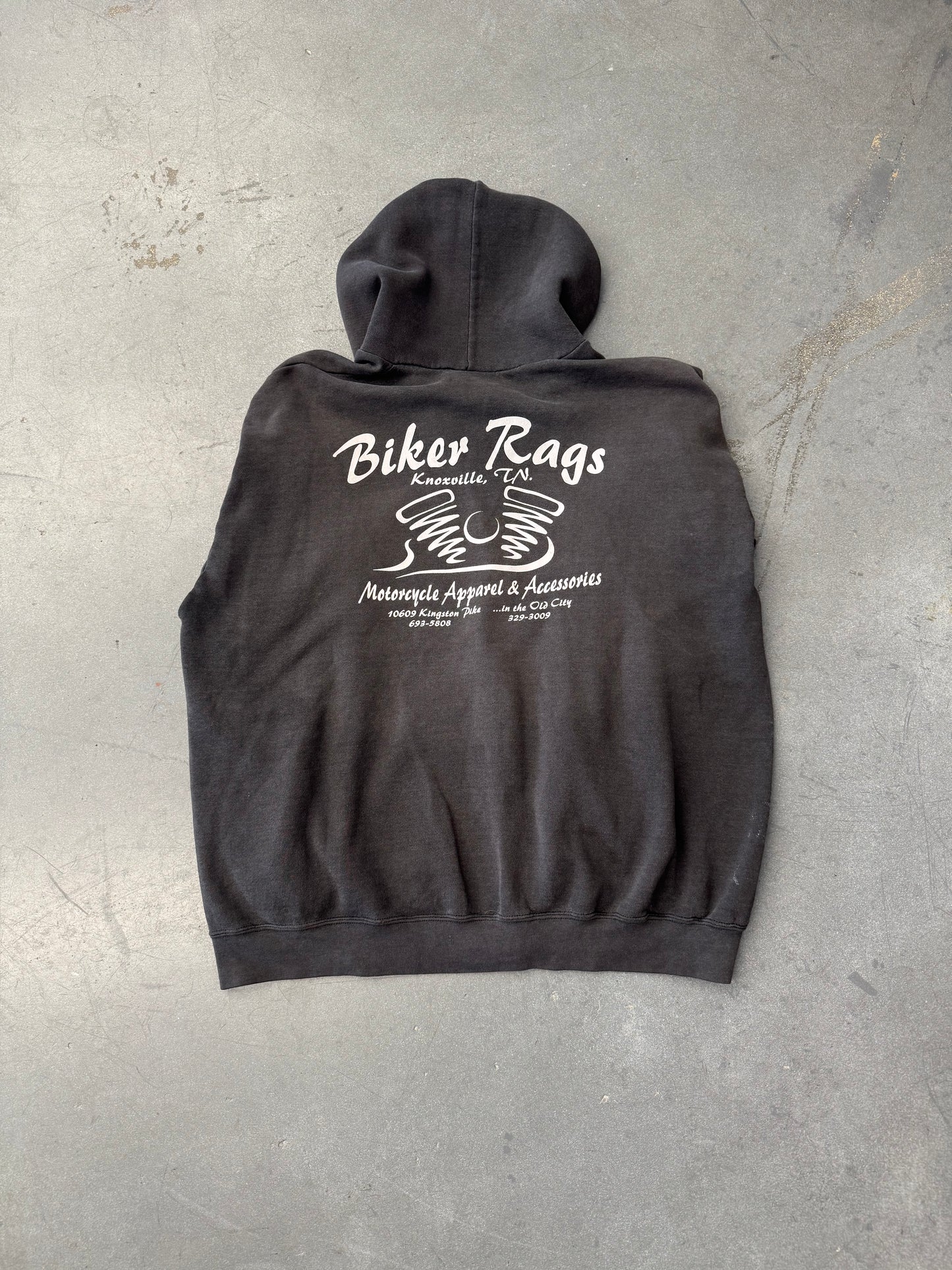 90S BIKER RAGS KNOXVILLE, TN. FLAME-SLEEVES ZIP-UP HOODIE (CUT TAGS) (BROKEN ZIPPER)