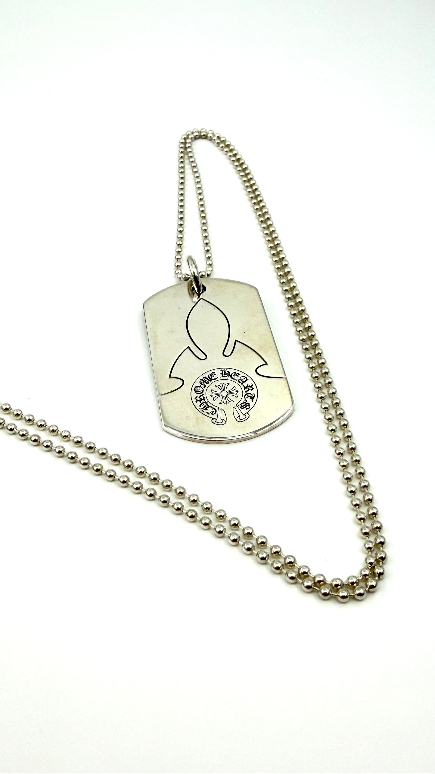 CHROME HEARTS FLEUR SILVER DOG TAG WITH 30 INCH SILVER BALL CHAIN