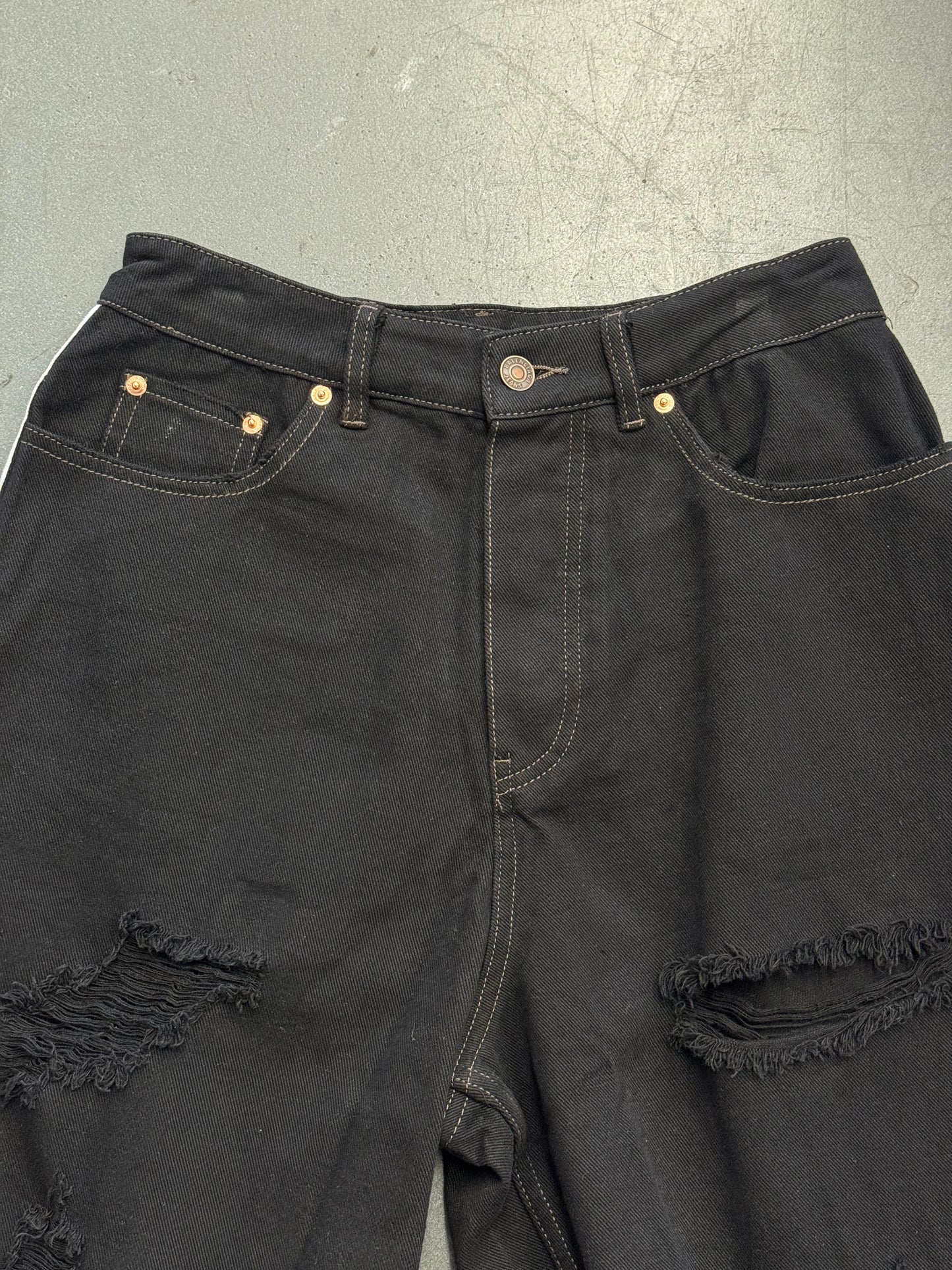 BALENCIAGA X ADIDAS DISTRESSED DENIM 3-STRIPE SHORTS (NWT S)