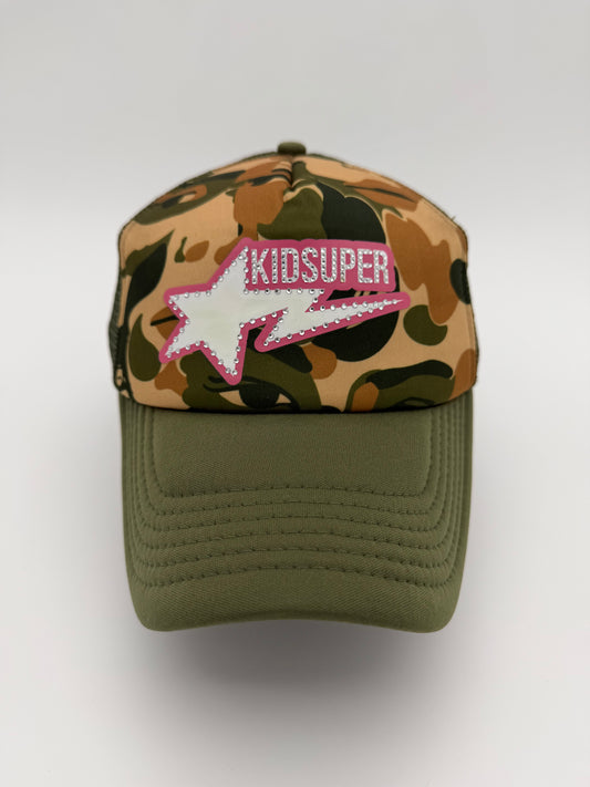 BAPE X KIDSUPER BAPE STA LOGO RHINESTONE TRUCKER - CAMO/PINK