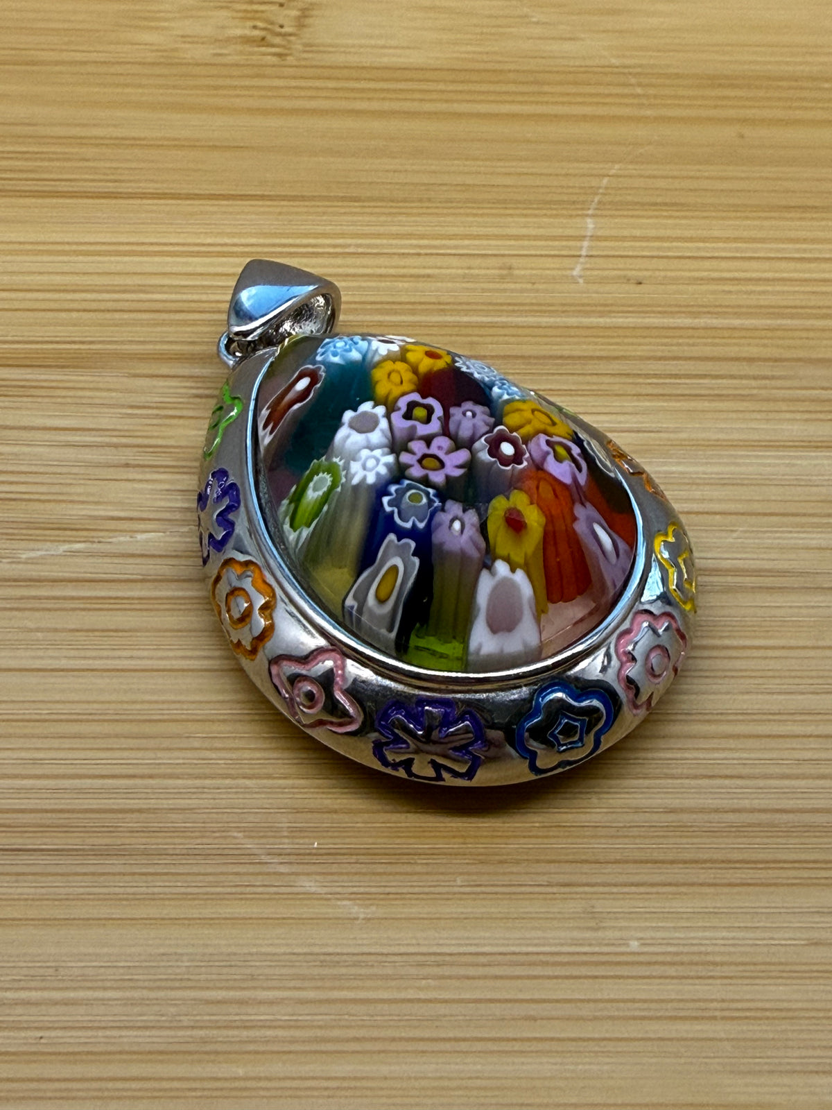 ALAN K. DOUBLE PEAR MILLEFIORI MURANO GLASS MULTICOLOR FLOWER SILVER PENDANT