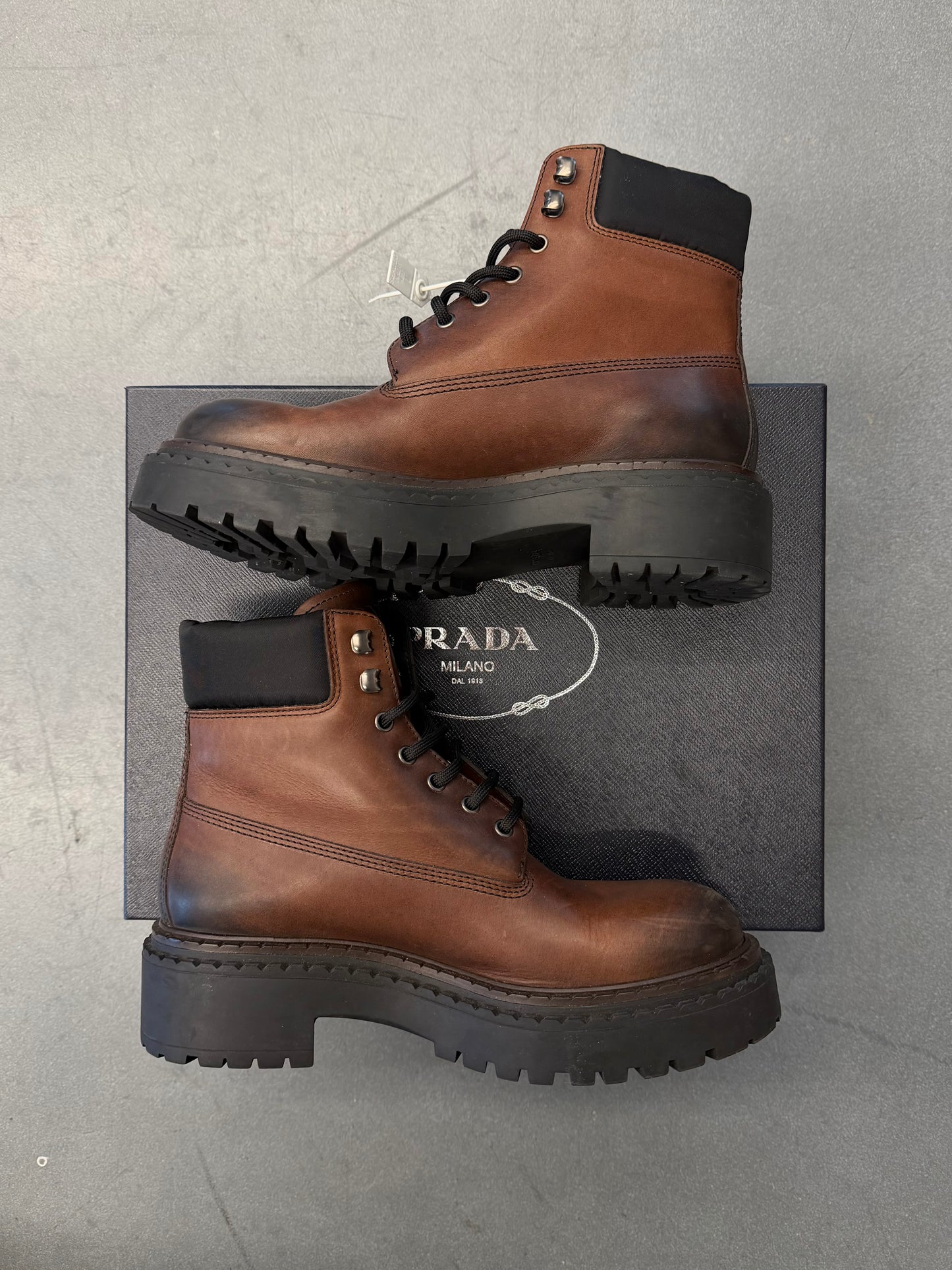 PRADA CALZATURE UOMO BROWN LEATHER WORK BOOTS (W/BOX)