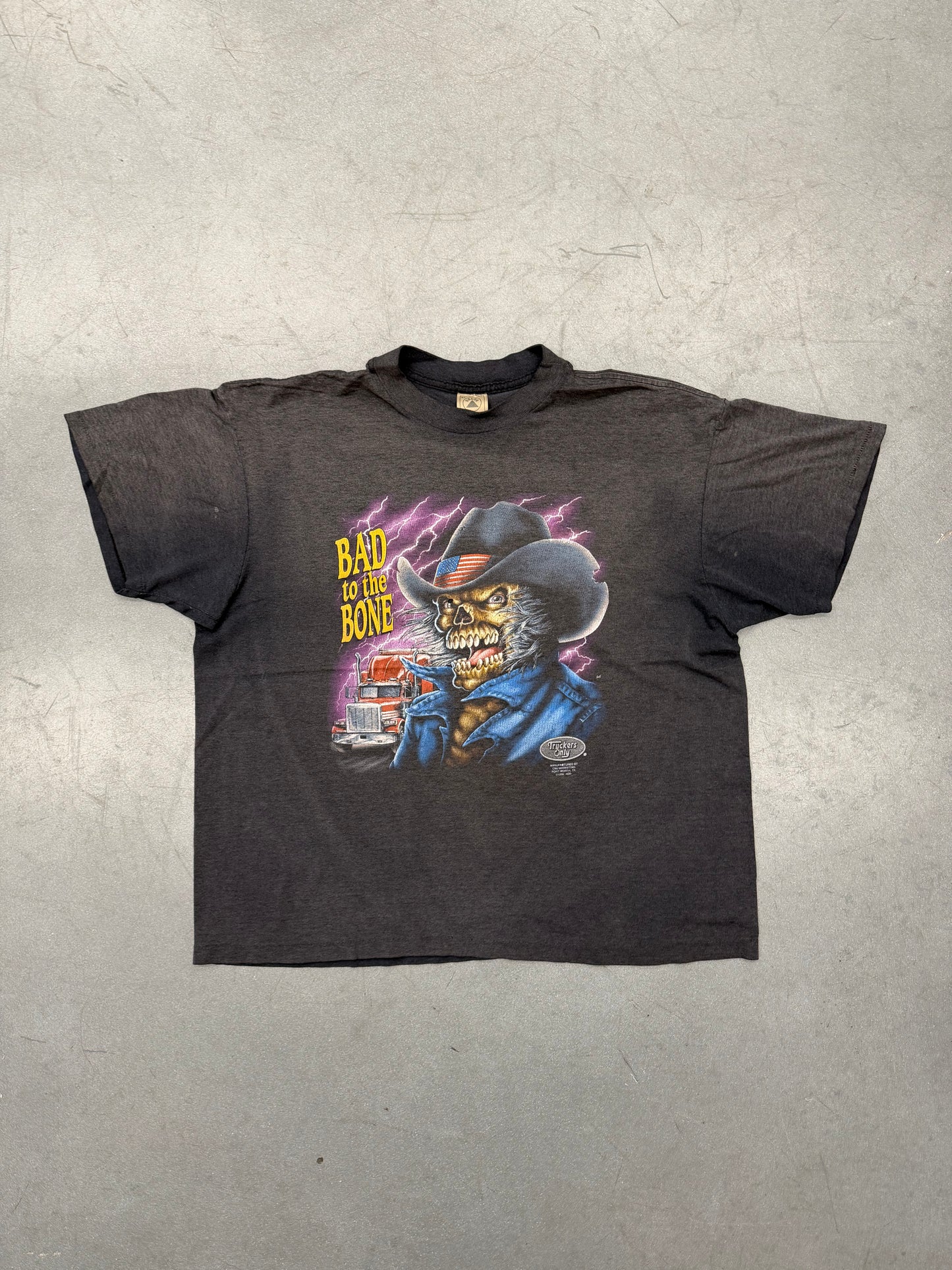 1992 3D EMBLEM BAD TO THE BONE TRUCKERS ONLY WILMINGTON 76 WILMINGTON, N.C. TEE (DELTA TAG)