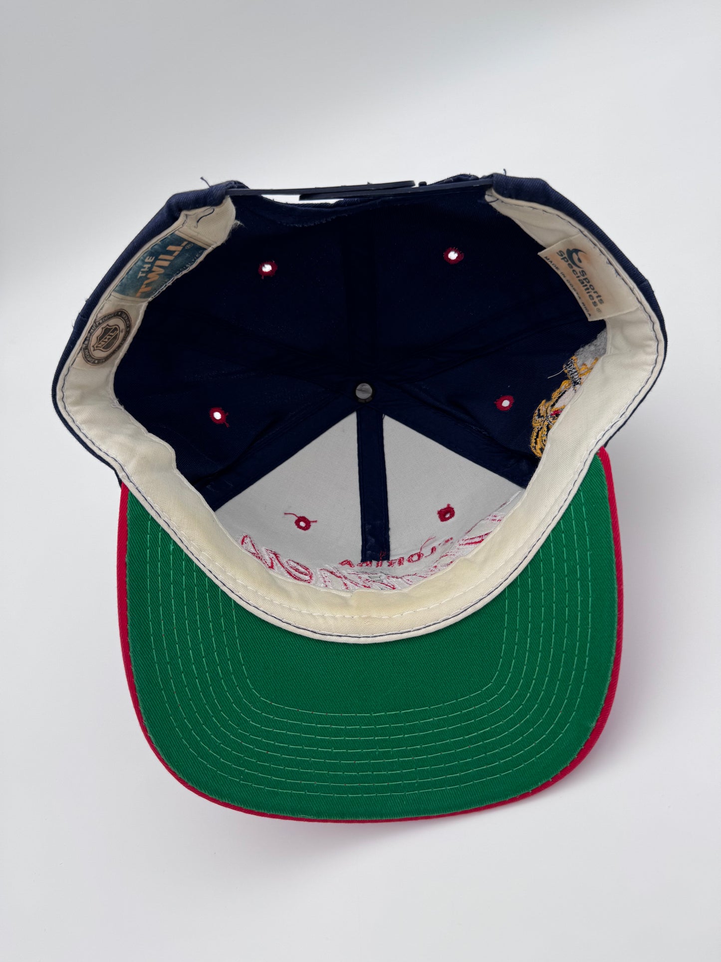 90S FLORIDA PANTHERS SCRIPT SPORTS SPECIALTIES SNAPBACK HAT NAVY THE TWILL