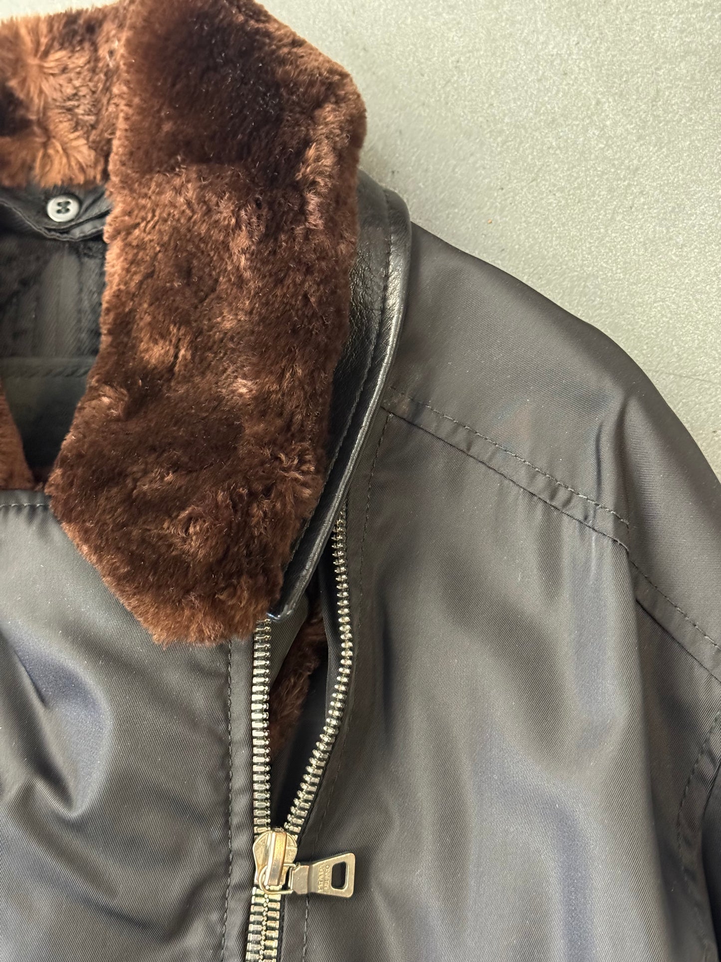 FW94 PRADA NYLON AND LEATHER COAT WITH DETACHABLE FUR COLLAR