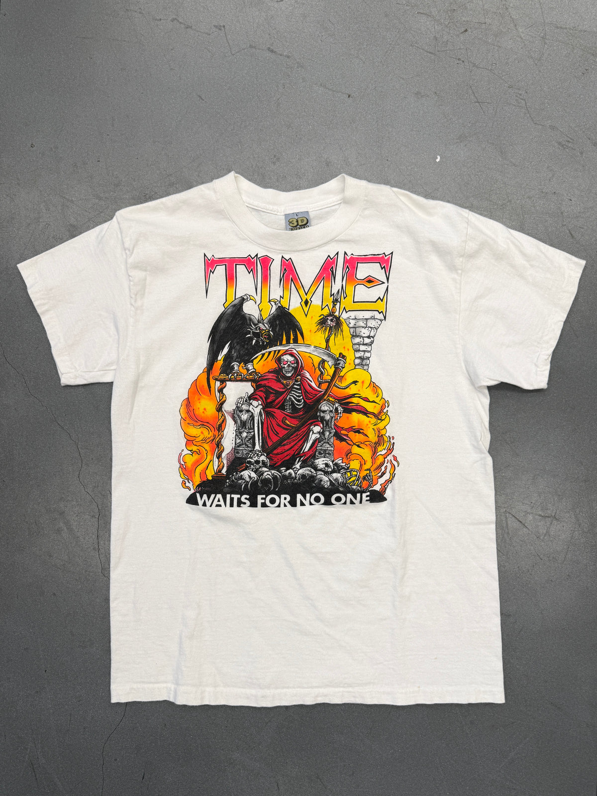 TIME WAITS FOR NO ONE GRIM REAPER TEE (3D EMBLEM TAG)