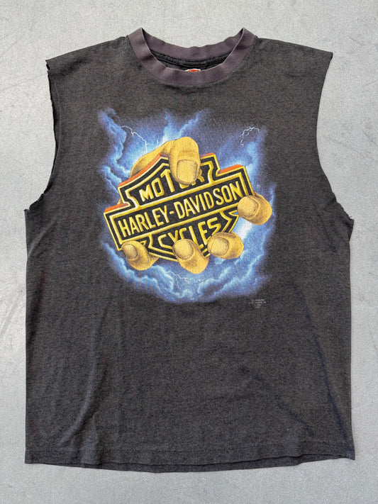 1991 HARLEY-DAVIDSON 3D EMBLEM REACHING HAND LIGHTNING FT. PIERCE, FLA CUT-OFF TEE (HARLEY TAG)