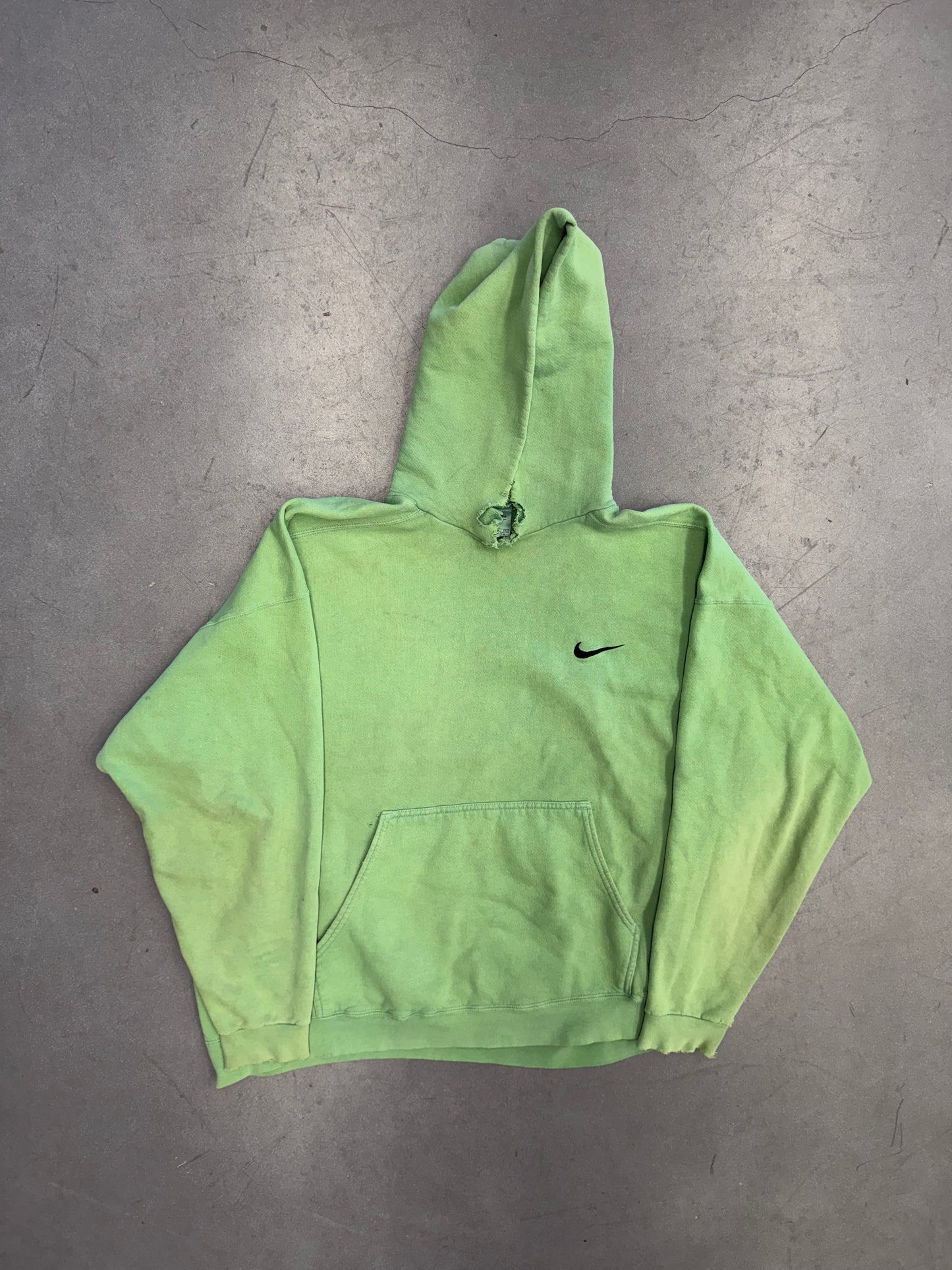 90S DISTRESSED NIKE SIDE SWOOSH PULLOVER HOODIE - GREEN OVER-DYED (NIKE RED SWOOSH TAG)