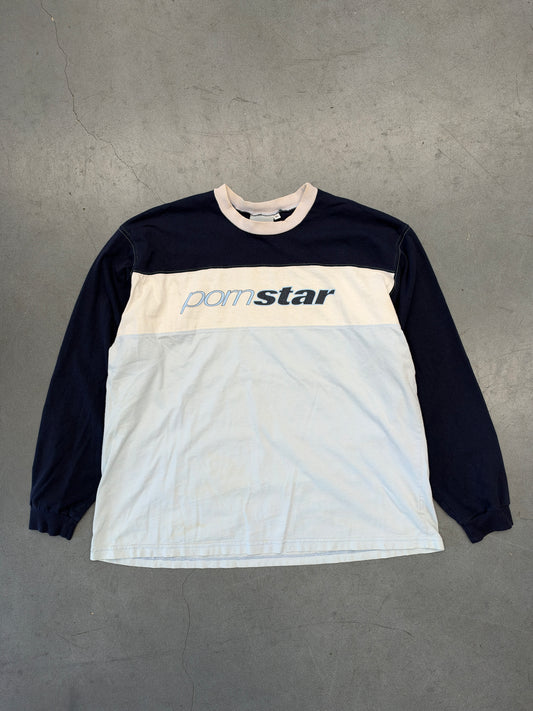 90S PORN STAR SCRIPT LOGO TWO-TONE LONG SLEEVE TEE (PORNSTAR TAG)