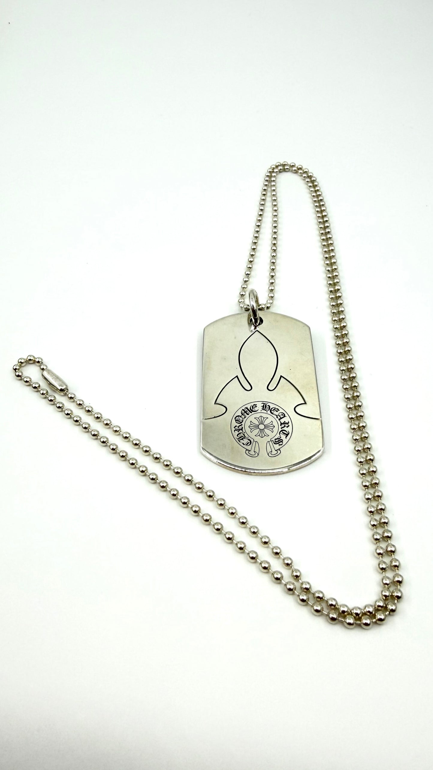 CHROME HEARTS FLEUR SILVER DOG TAG WITH 30 INCH SILVER BALL CHAIN