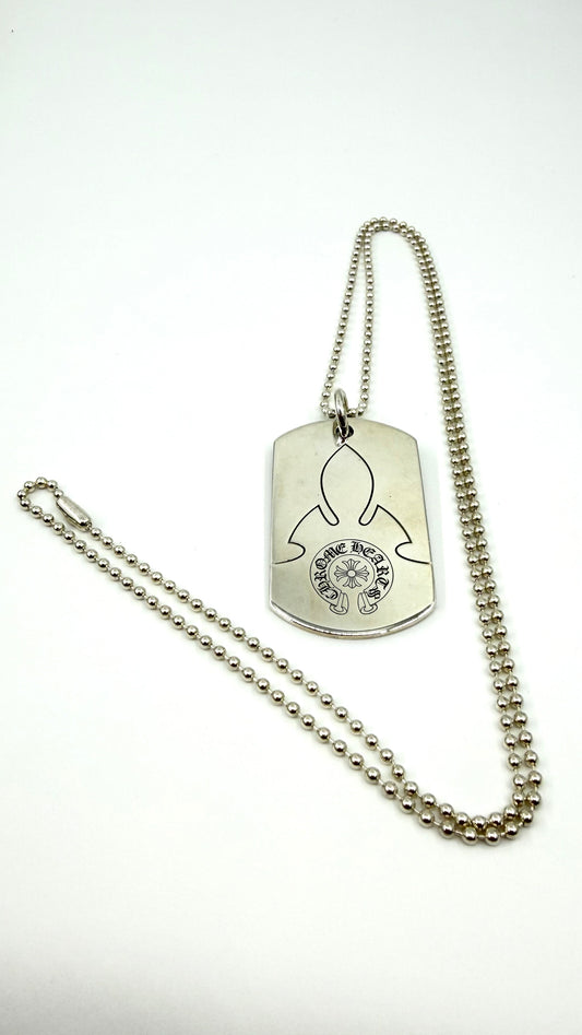 CHROME HEARTS FLEUR SILVER DOG TAG WITH 30 INCH SILVER BALL CHAIN