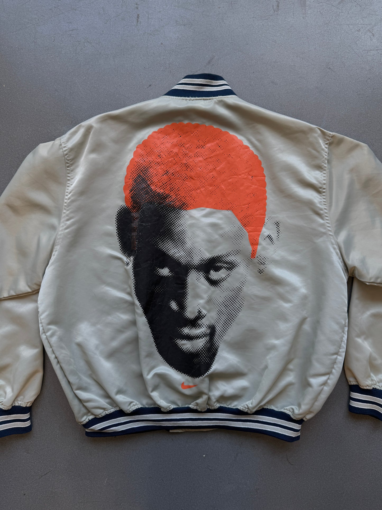 90'S NIKE DENNIS RODMAN ORANGE HAIR SATIN BOMBER JACKET (WHITE NIKE TAG)