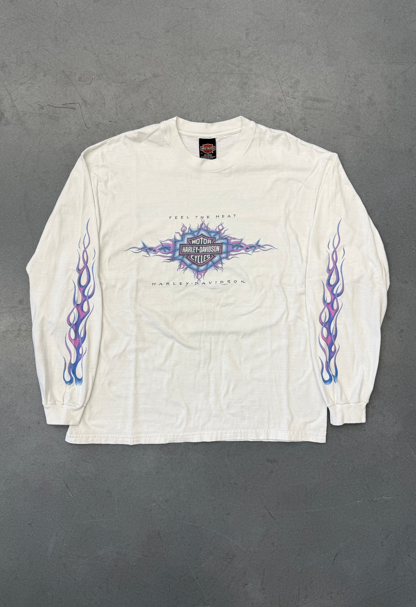 1998 HARLEY-DAVIDSON FEEL THE HEAT DONAHUE ST. CLOUD, MN PURPLE FLAME SLEEVE LS MULLET TEE