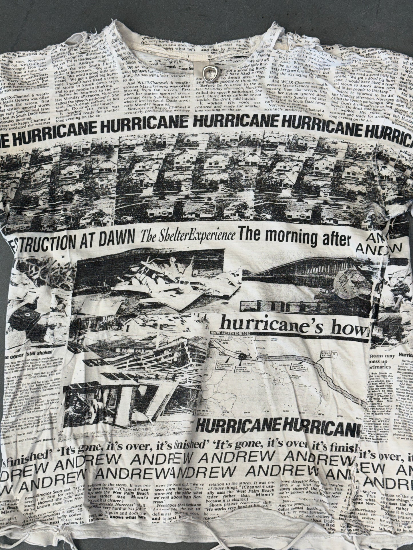 90S HURRICANE ANDREW SHREDDED NEWSPAPER TEE (FADED TAG)