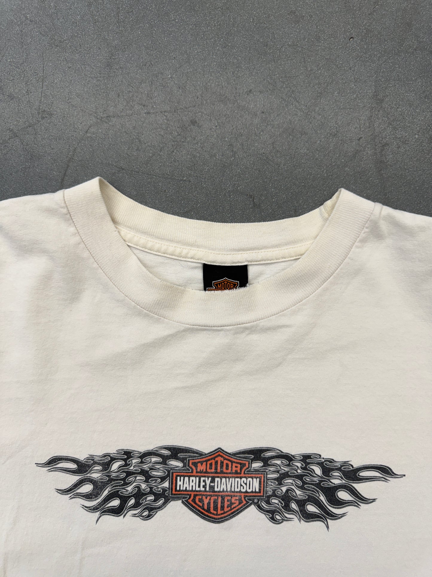 90S HARLEY-DAVIDSON FRANKLIN, TN COOL SPRINGS BIKER FLAME SLEEVE LS MULLET TEE