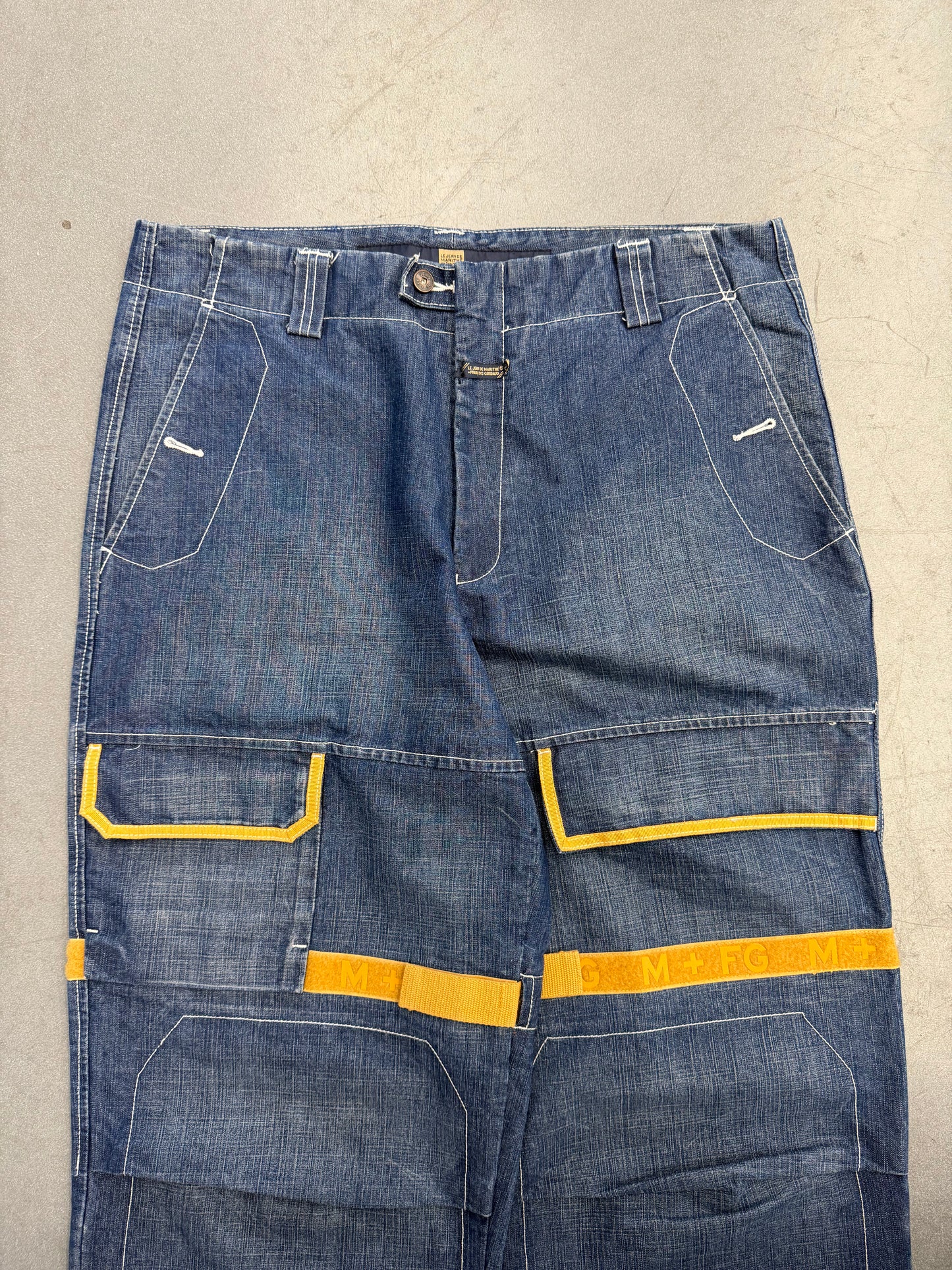 VINTAGE MARITHE FRANCOIS GIRBAUD SHUTTLE STRAP DENIM JEANS - MUSTARD STRAPS (38)