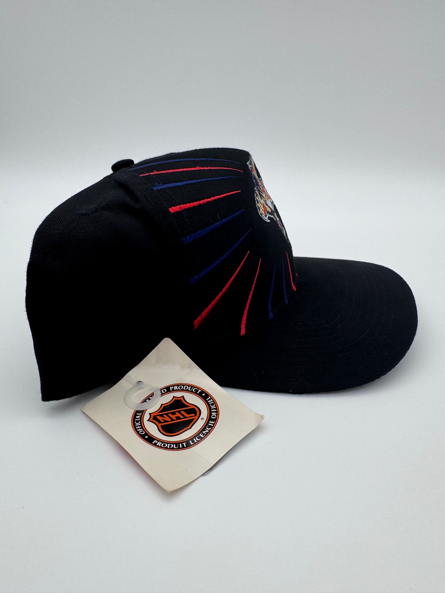 90S FLORIDA PANTHERS BLACK WITH RED/BLUE LINES NHL WALMART SNAPBACK HAT - NWT