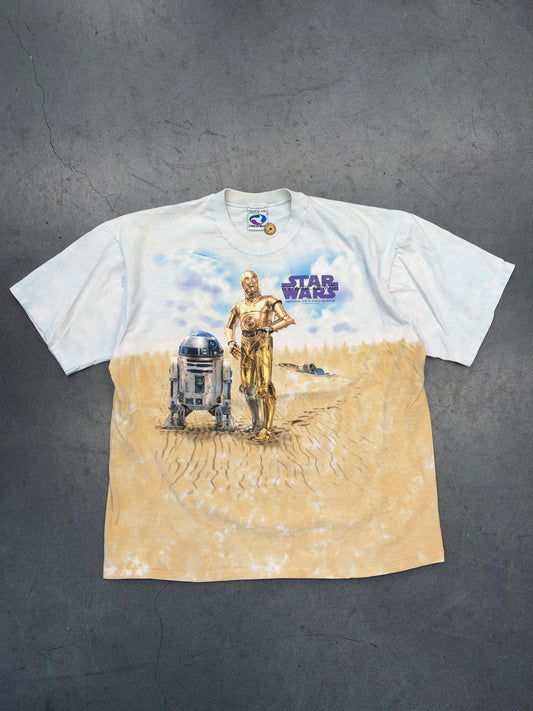1997 STAR WARS THE MAGIC OF MYTH NATIONAL AIR & SPACE MUSEUM C-3PO & R2-D2 TIE DYE TEE (LIQUID BLUE TAG)