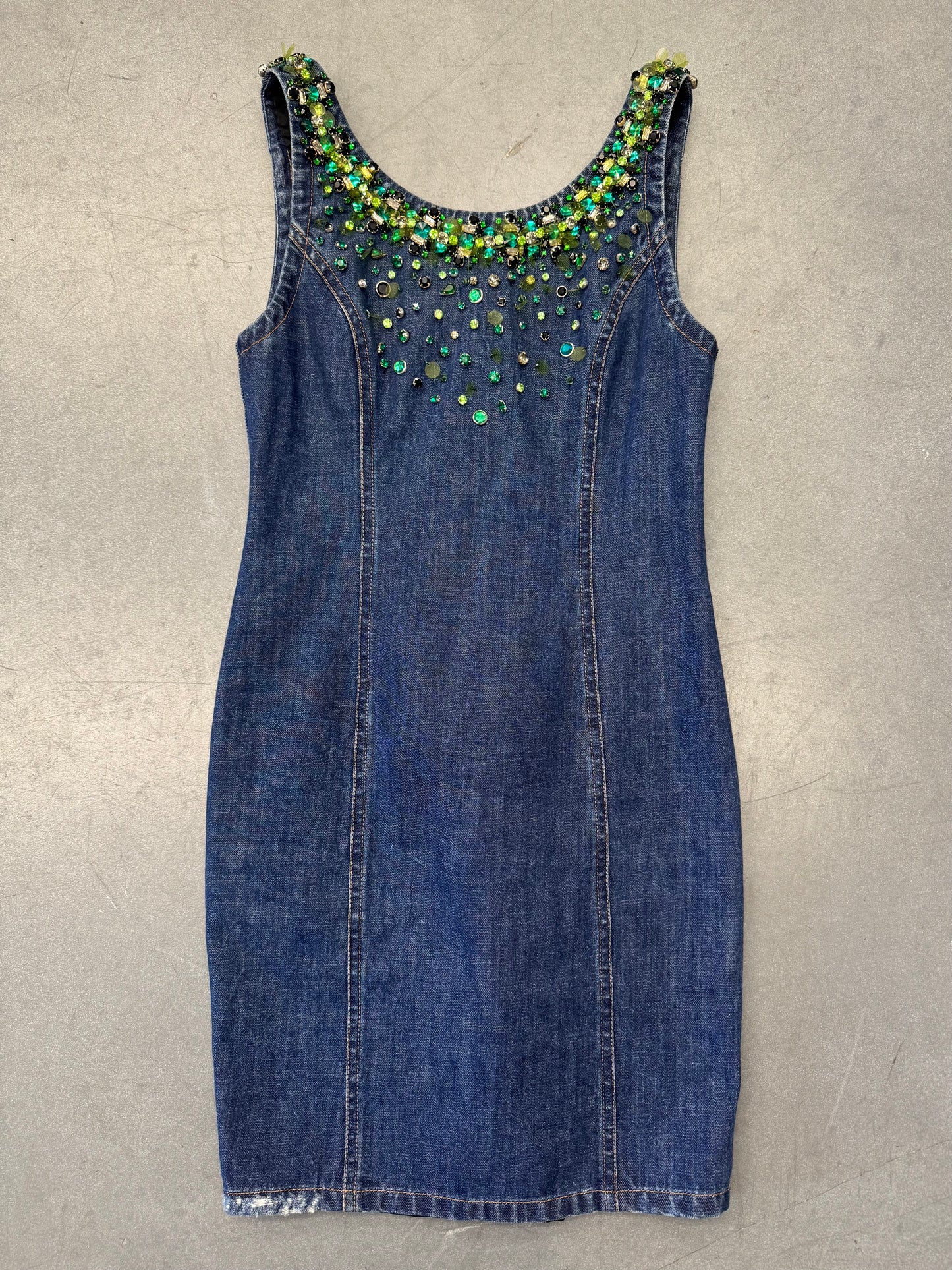 MIU MIU GREEN CRYSTAL DENIM ZIP DRESS